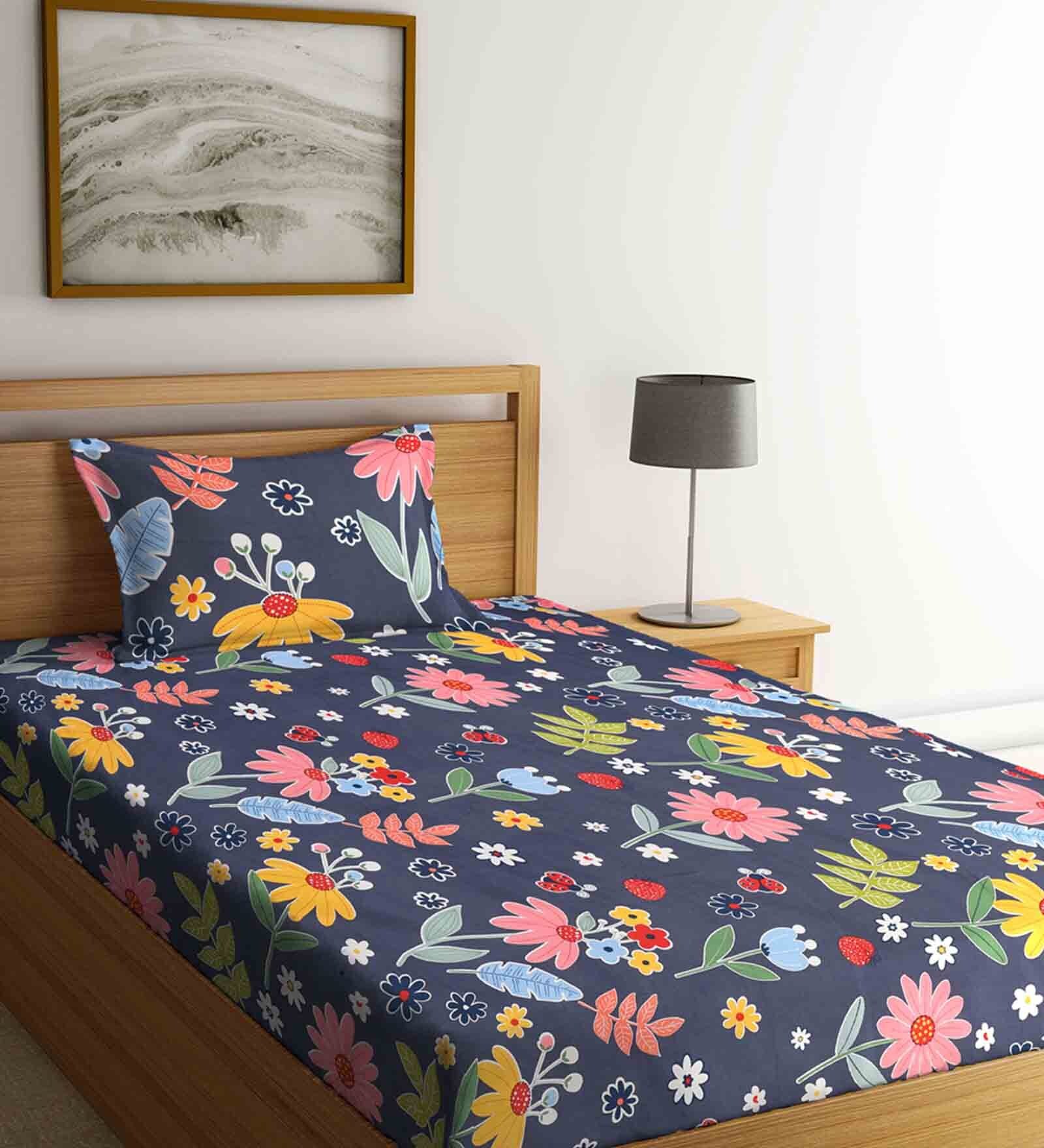 Blue Floral 210 TC Poly Cotton 1 Single Bedhseet with 1 Pillow Cover