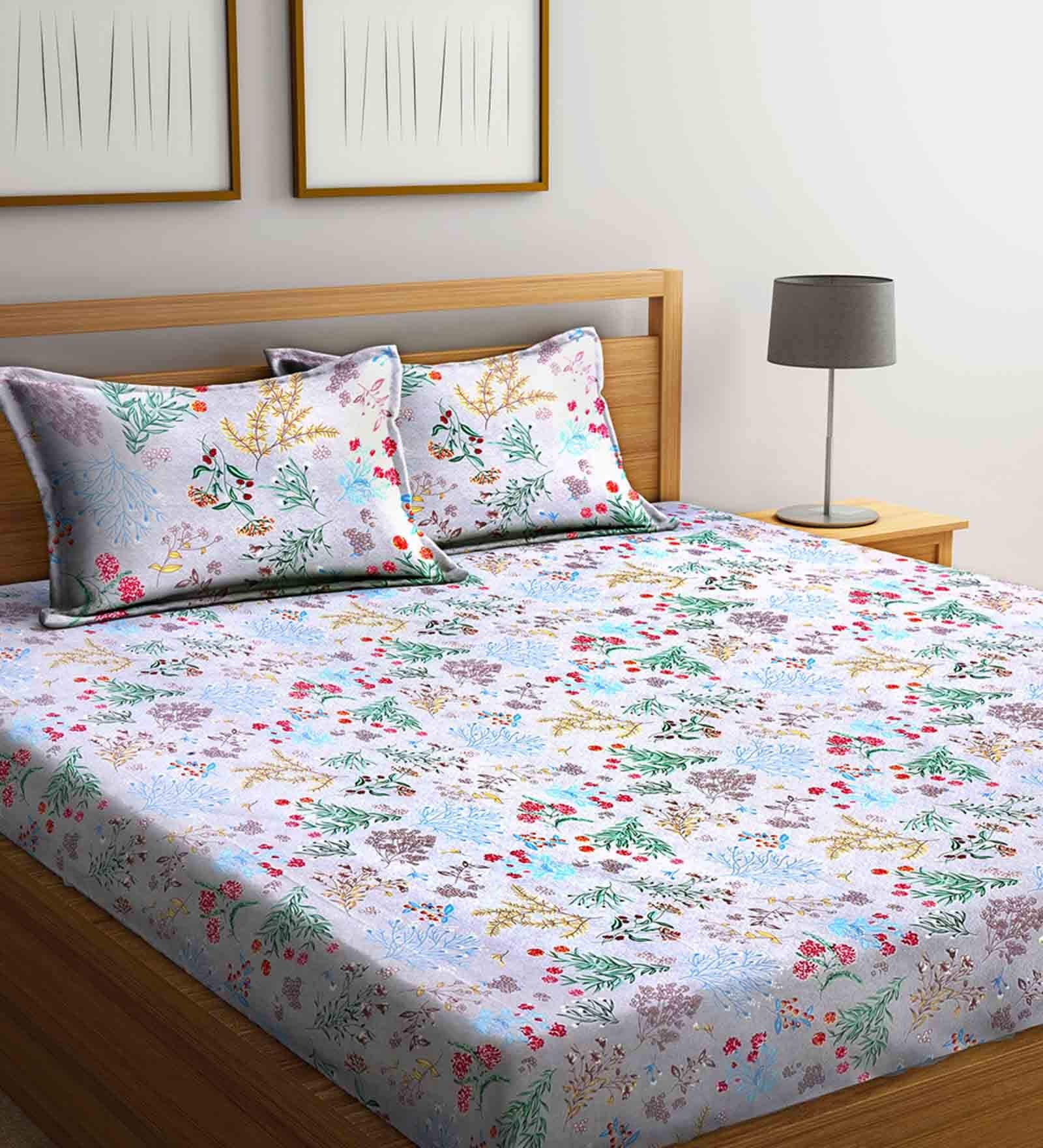 Purple Floral 210 TC Polycotton 1 Double Bedsheet with 2 Pillow Covers