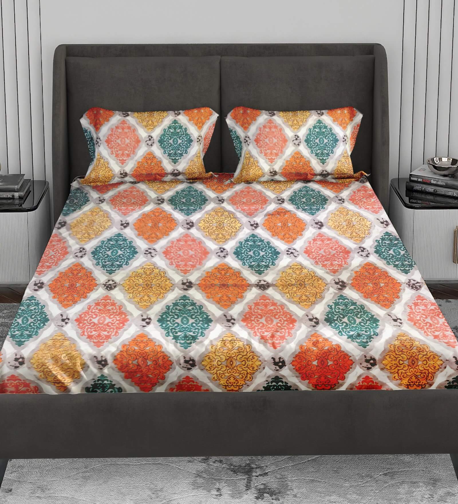 Multicolour Geometric 140 Tc Cotton Double Bedsheet With 2 Pillow Covers