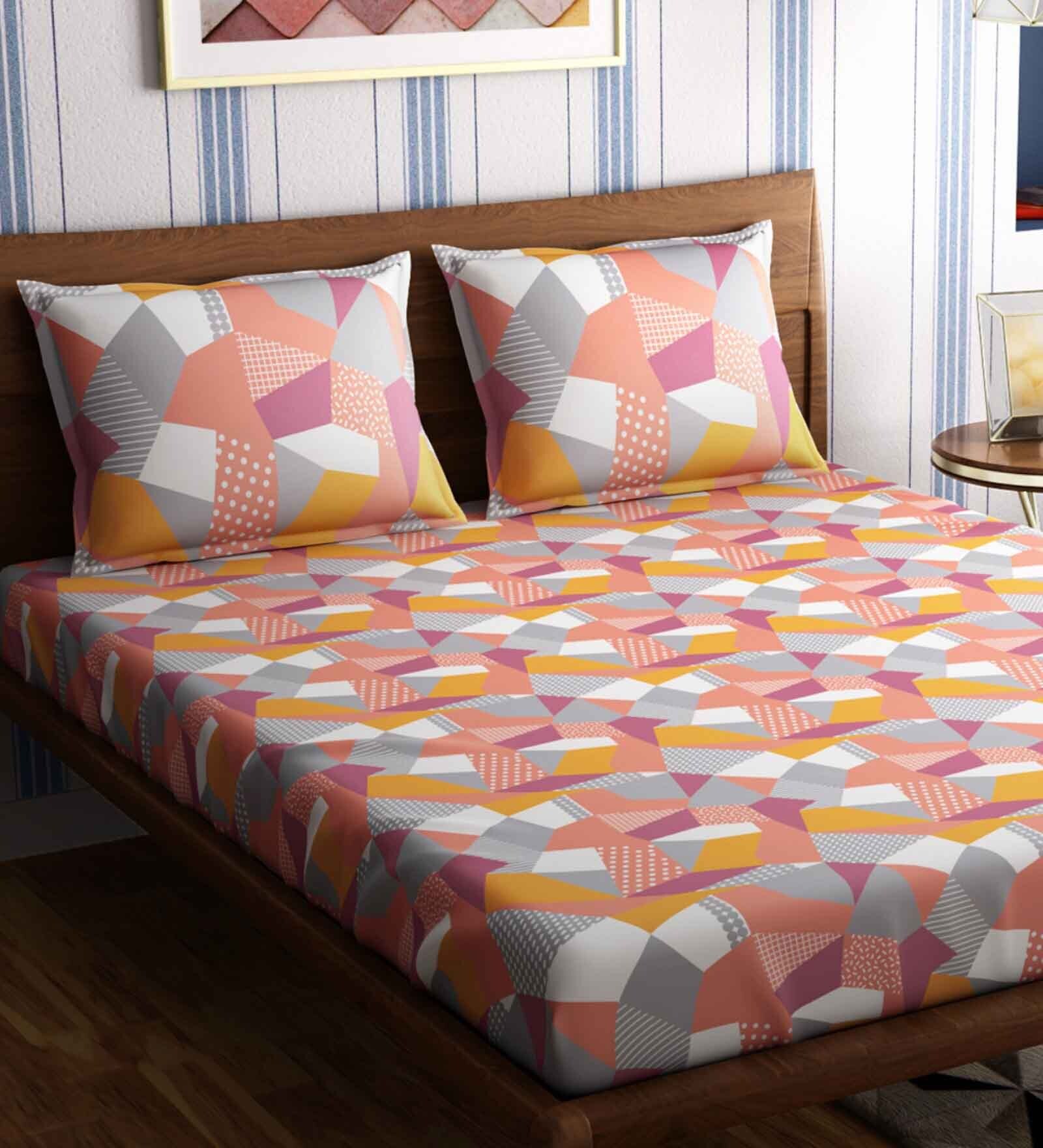 Buy Multicolor Geometric 300 Tc 100 Cotton King Sized Bed Sheets With