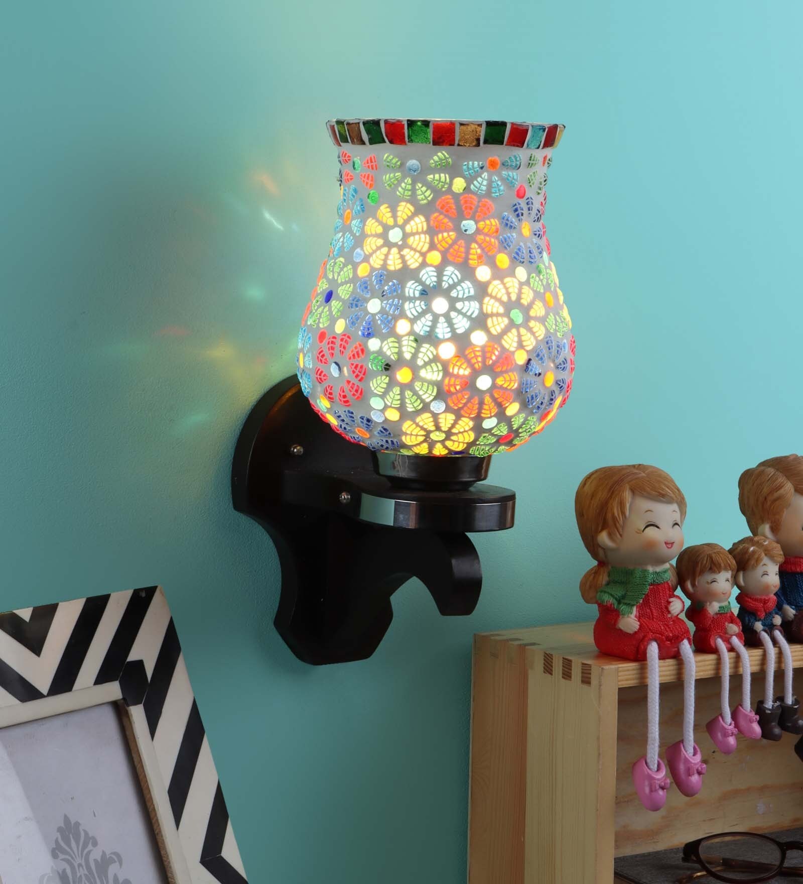Multicolour Glass And Wood Wall Light