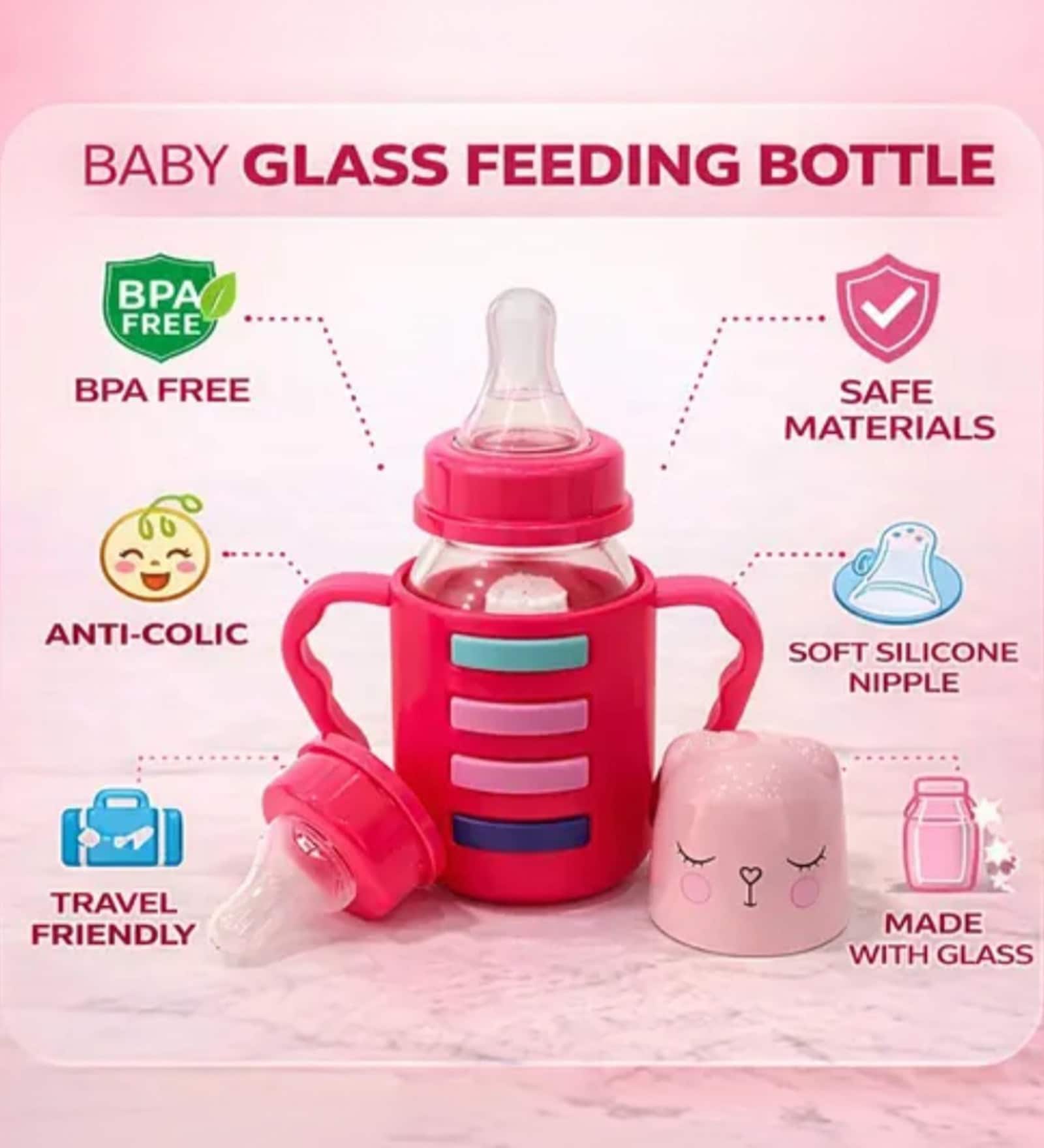 Multicolour Glass Baby Feeding Bottle with Handle 120ml (Pink, Blue, Green Assorted) Multicolour Glass Baby Feeding Bottle with Handle 120ml (Pink, Blue, Green Assorted)
