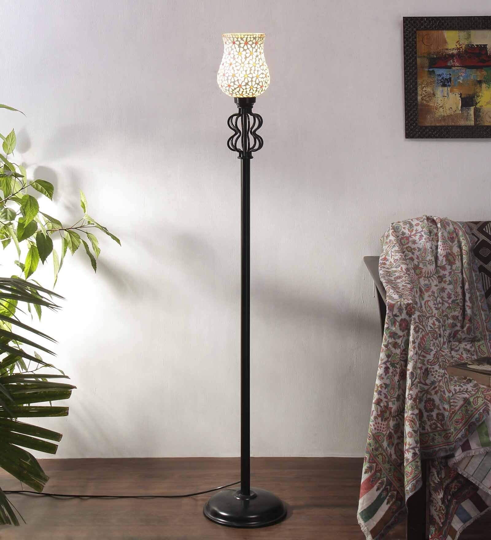 Trapzo Multicolour Glass Shade Torchiere Floor Lamp With Iron Base