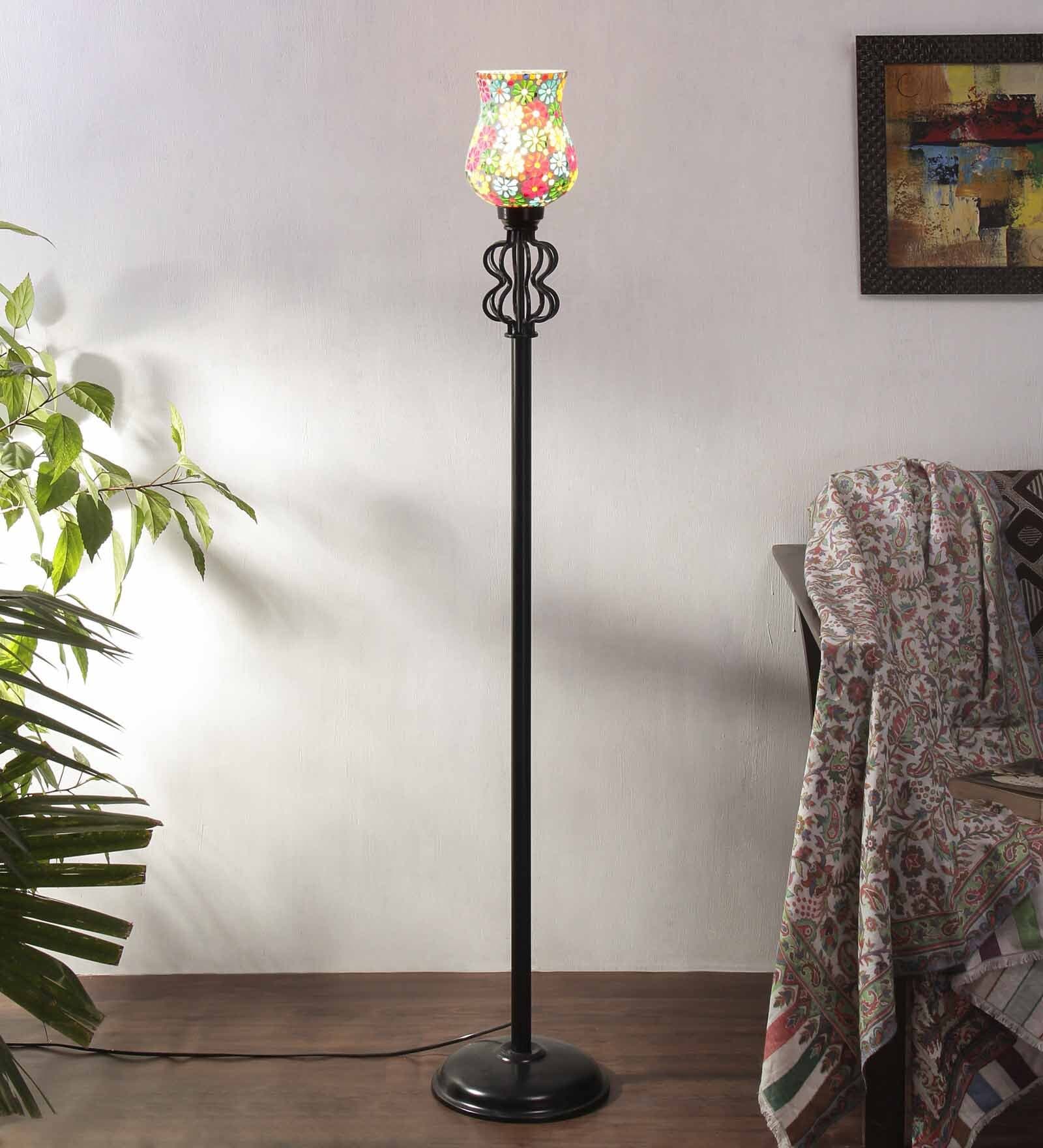 Novara Multicolour Glass Shade Torchiere Floor Lamp With Iron Base