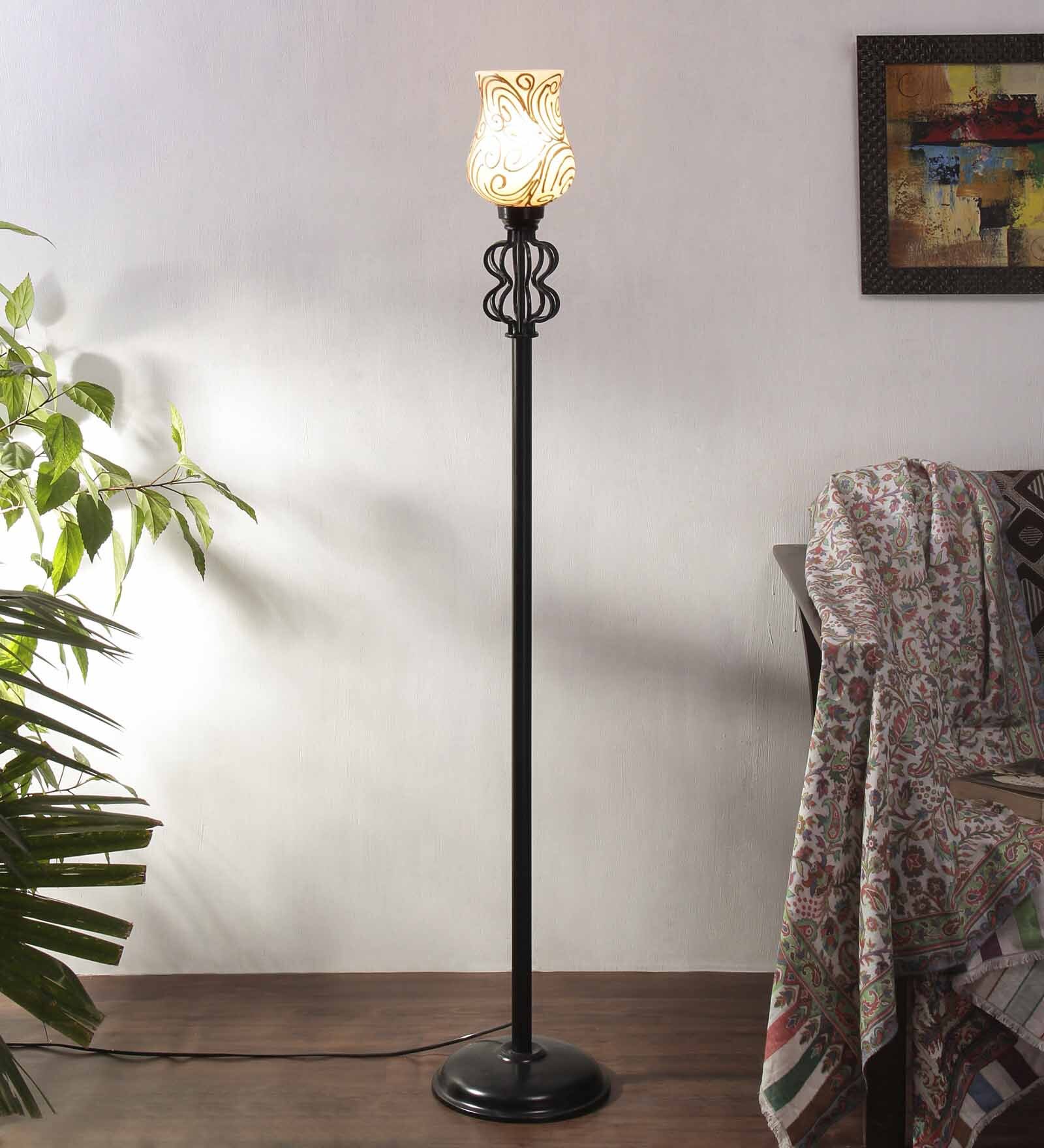 Inspired Multicolour Glass Shade Torchiere Floor Lamp With Iron Base