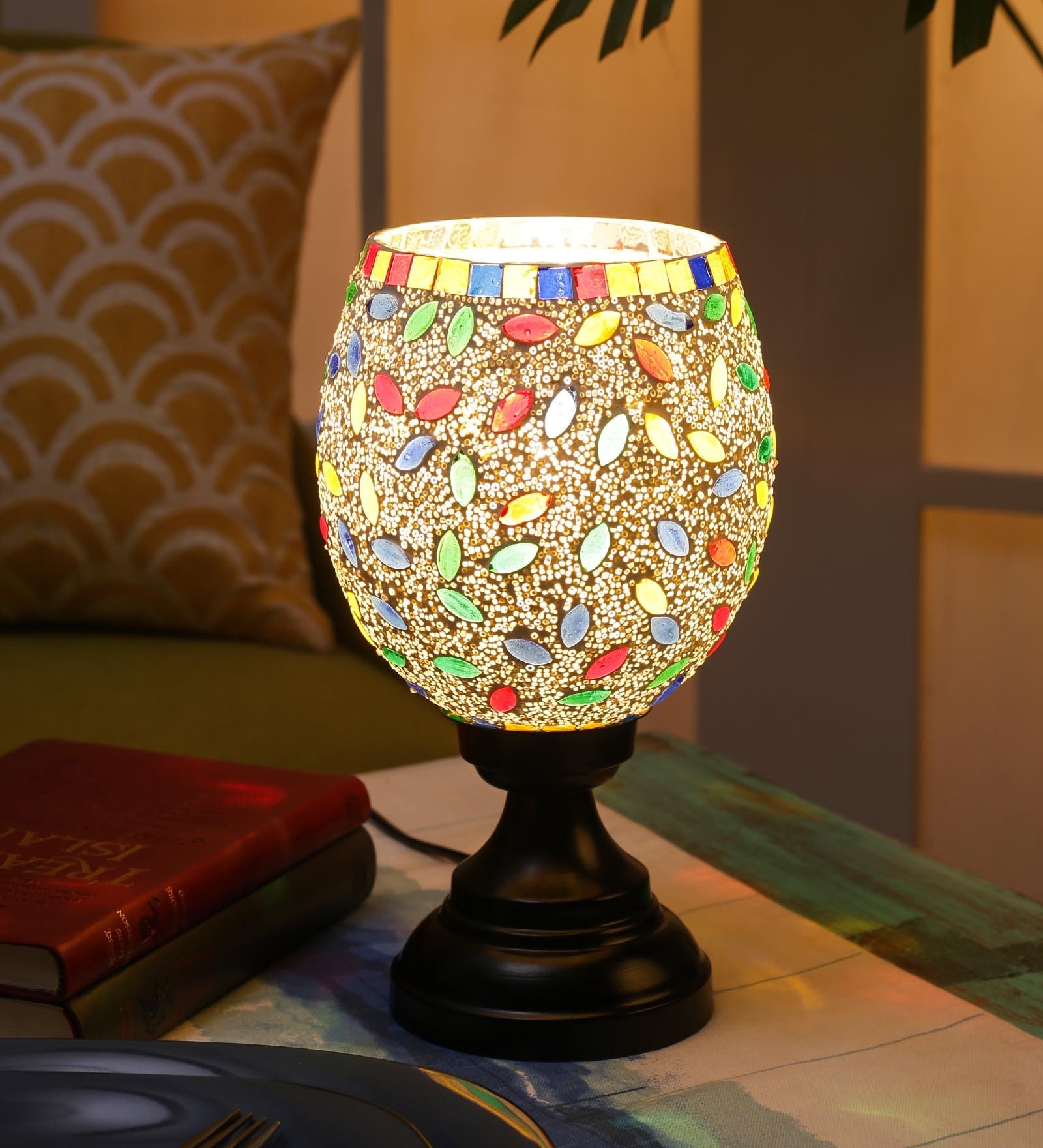 Red Glass Shade Table Lamp with Black Base