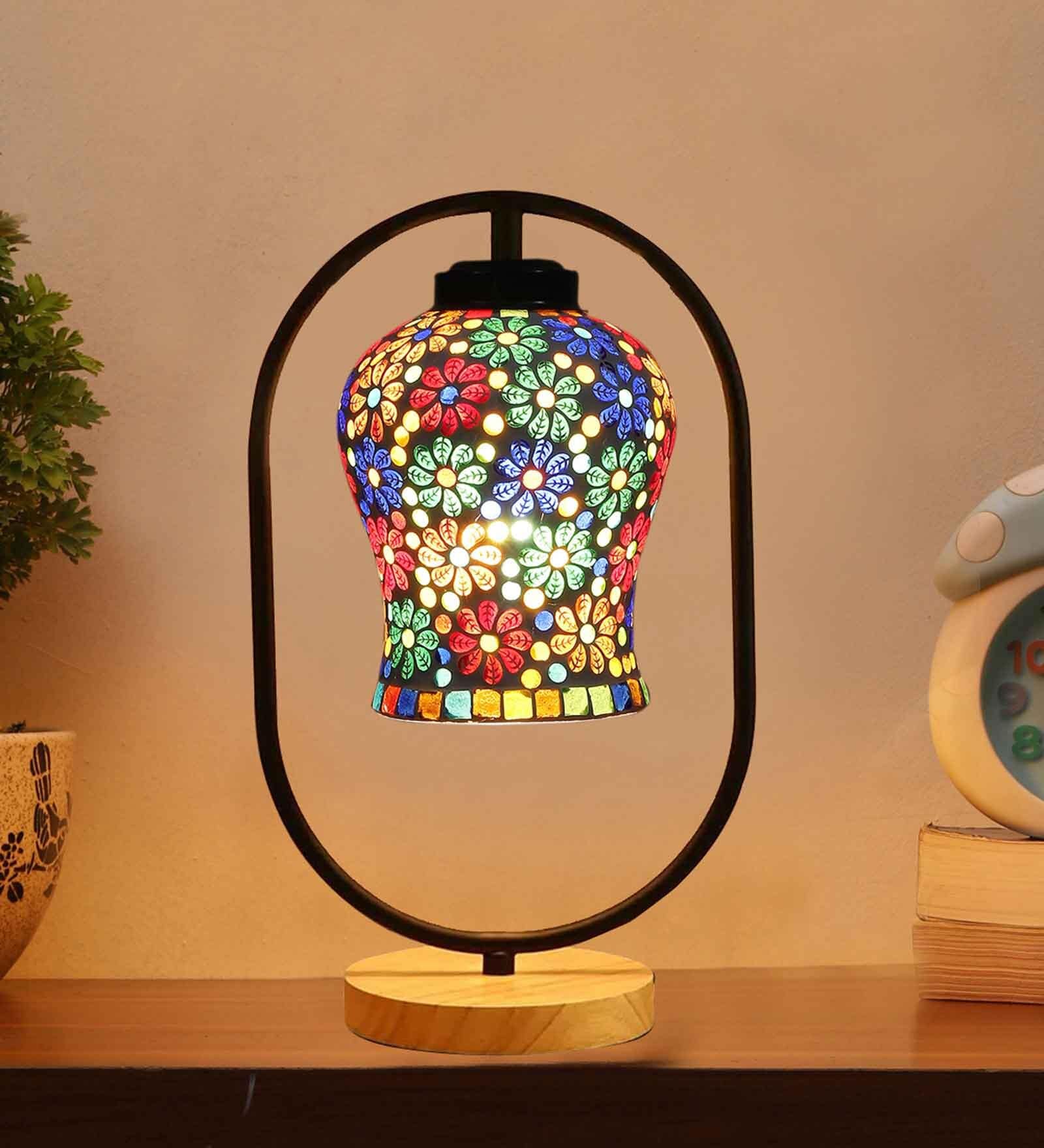 Multicolour Glass Table Lamp With Wood Base