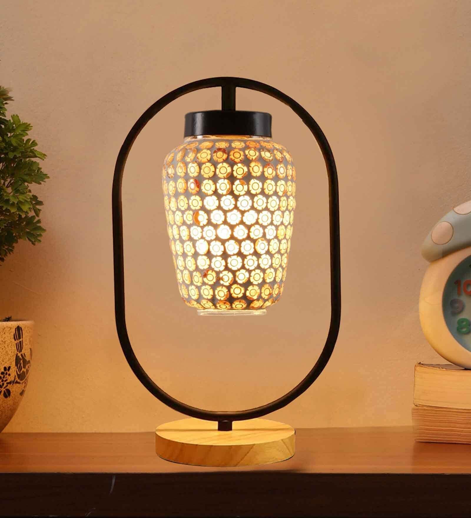 Multicolour Glass Table Lamp With Wood Base