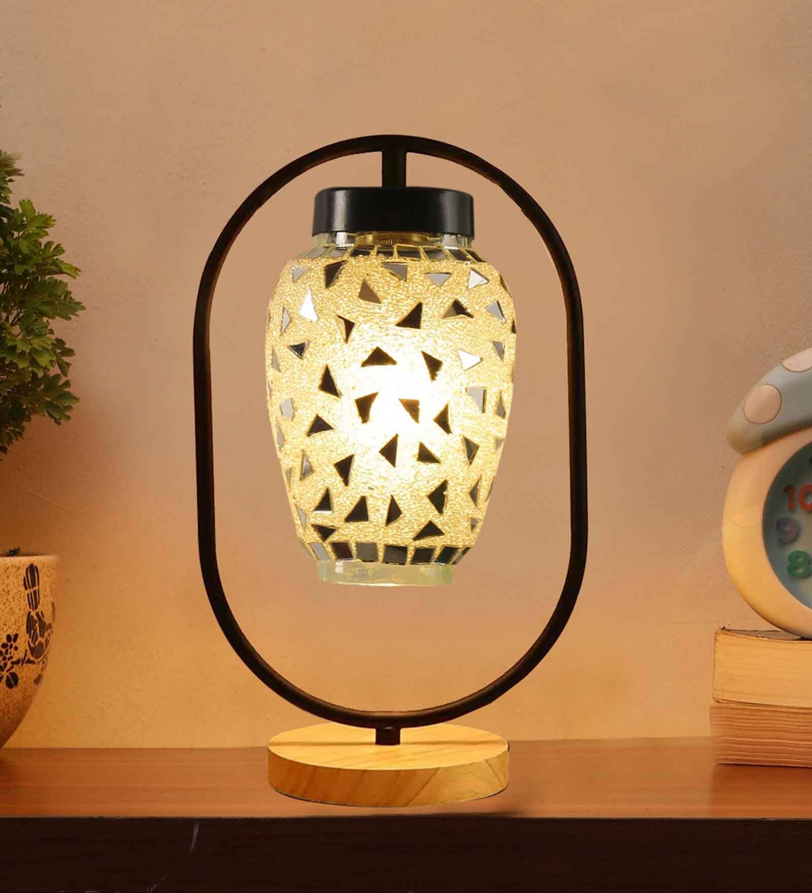 Multicolour Glass Table Lamp With Wood Base