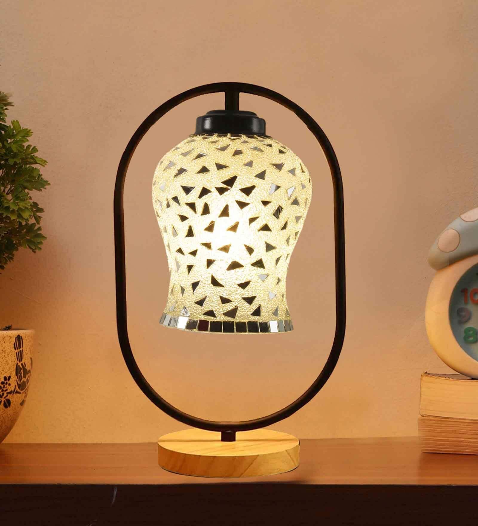 Multicolour Glass Table Lamp With Wood Base