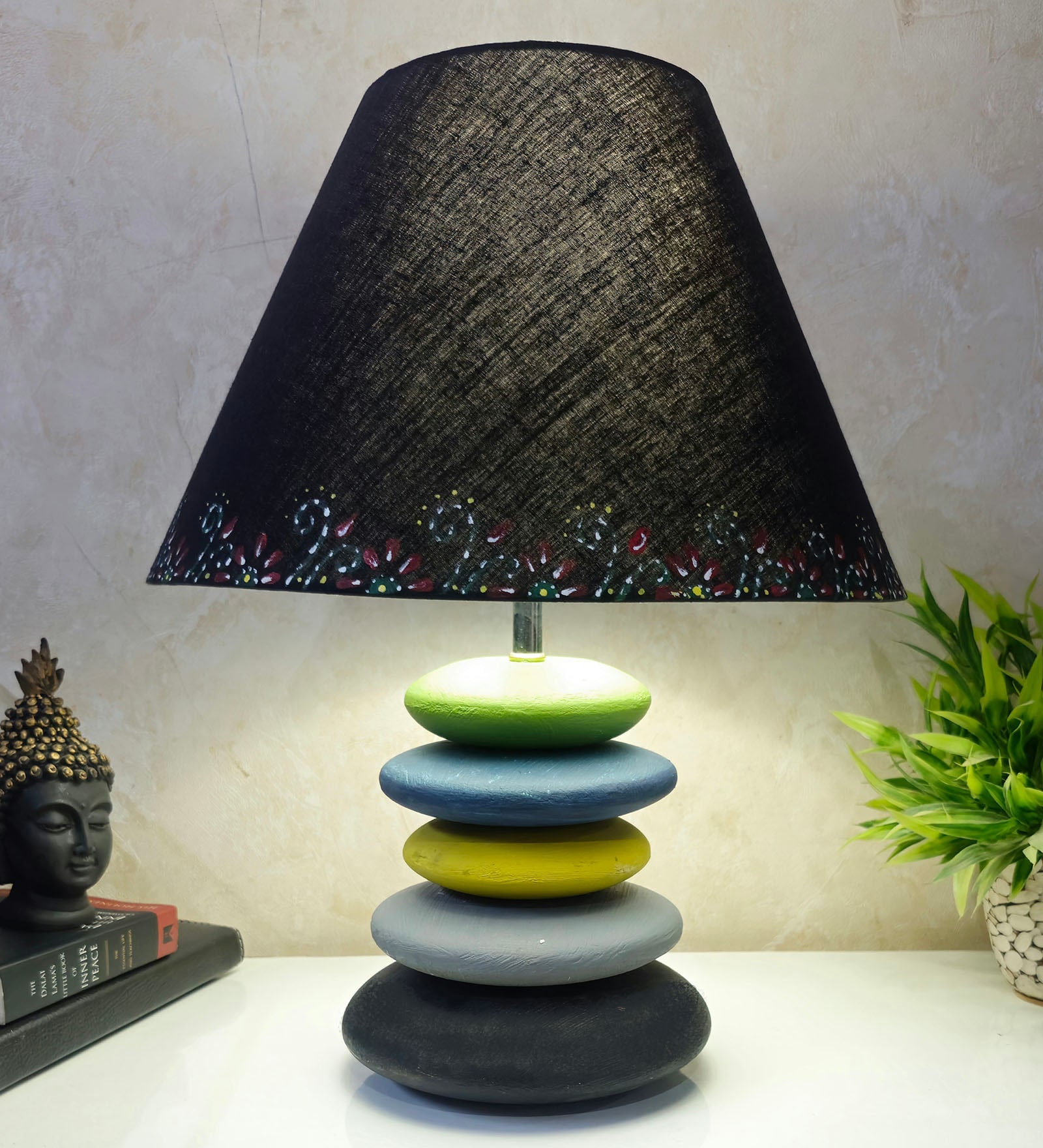 MultiColour Handpainted and hancarved Distress wooden stone finish Table lamp in with handpainted fabric shade