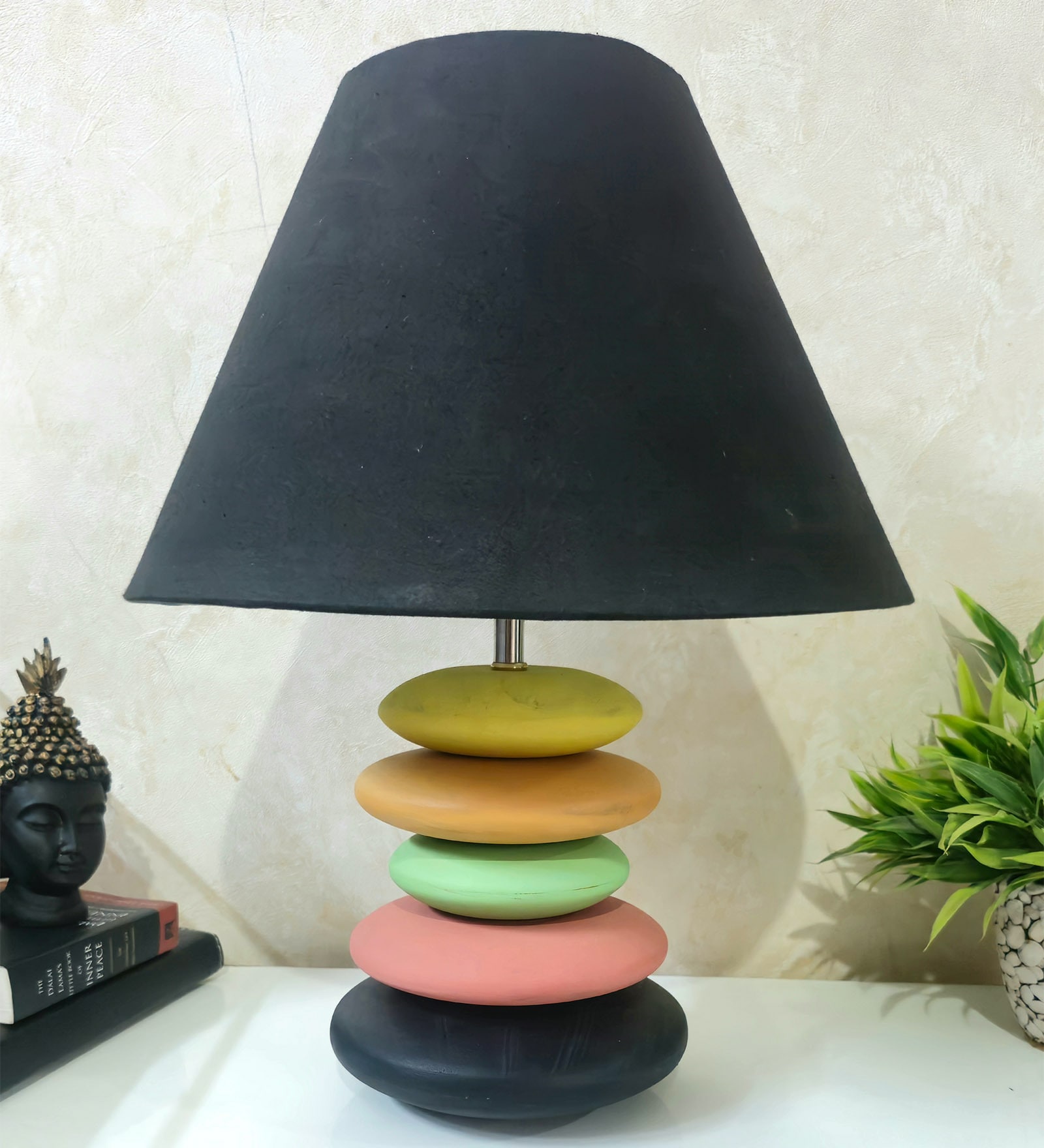 MultiColour Handpainted and hancarved Distress wooden stone finish Table lamp in with handpainted fabric shade