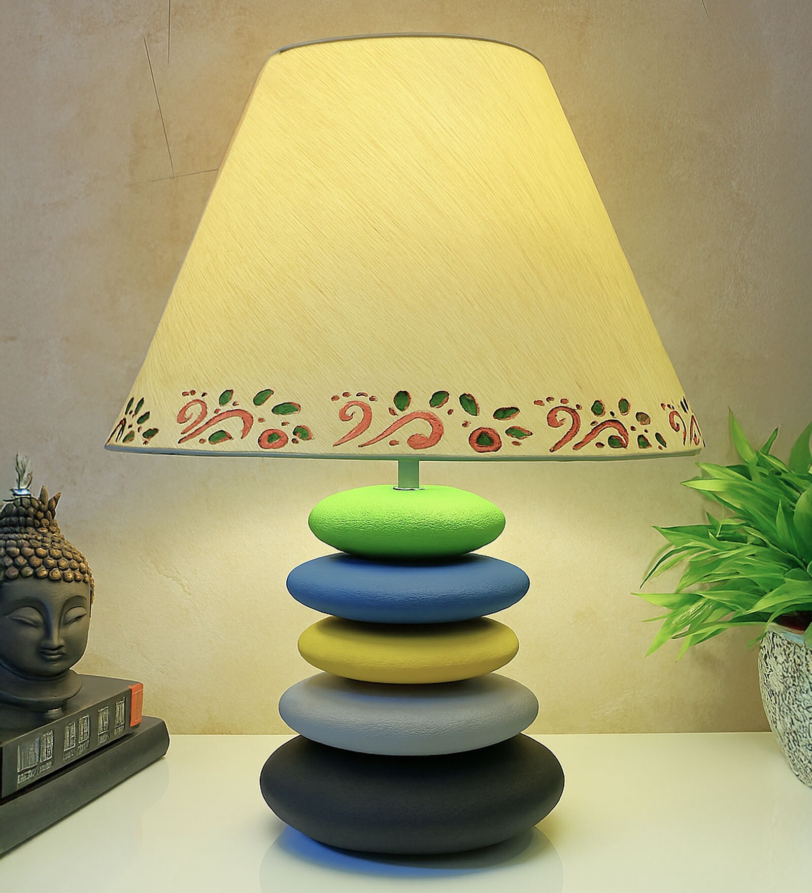 MultiColour Handpainted and hancarved Distress wooden stone finish Table lamp in with handpainted fabric shade