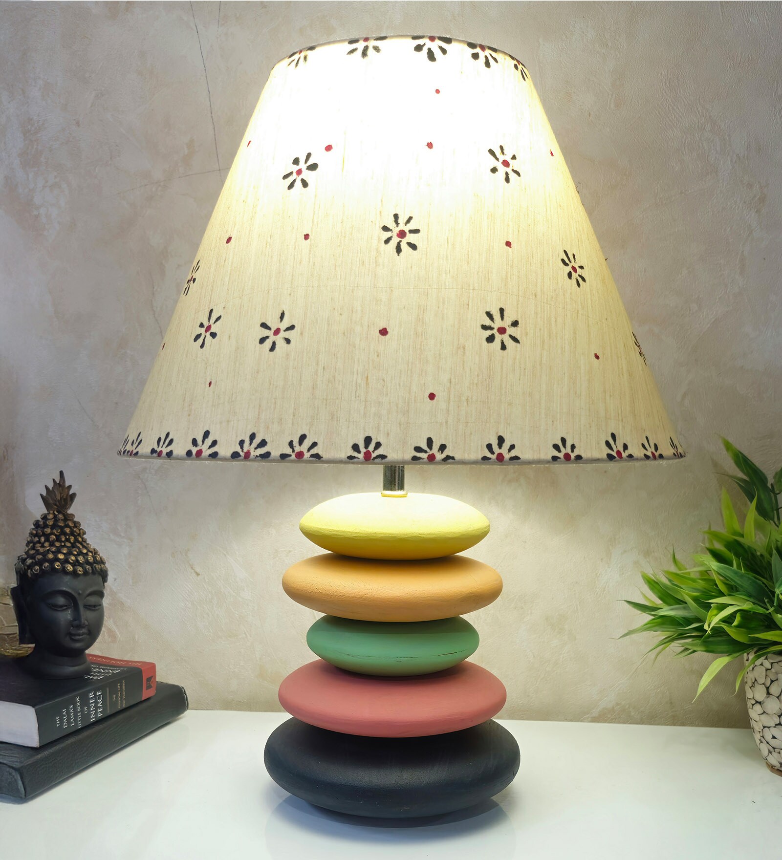MultiColour Handpainted and hancarved Distress wooden stone finish Table lamp in with handpainted fabric shade