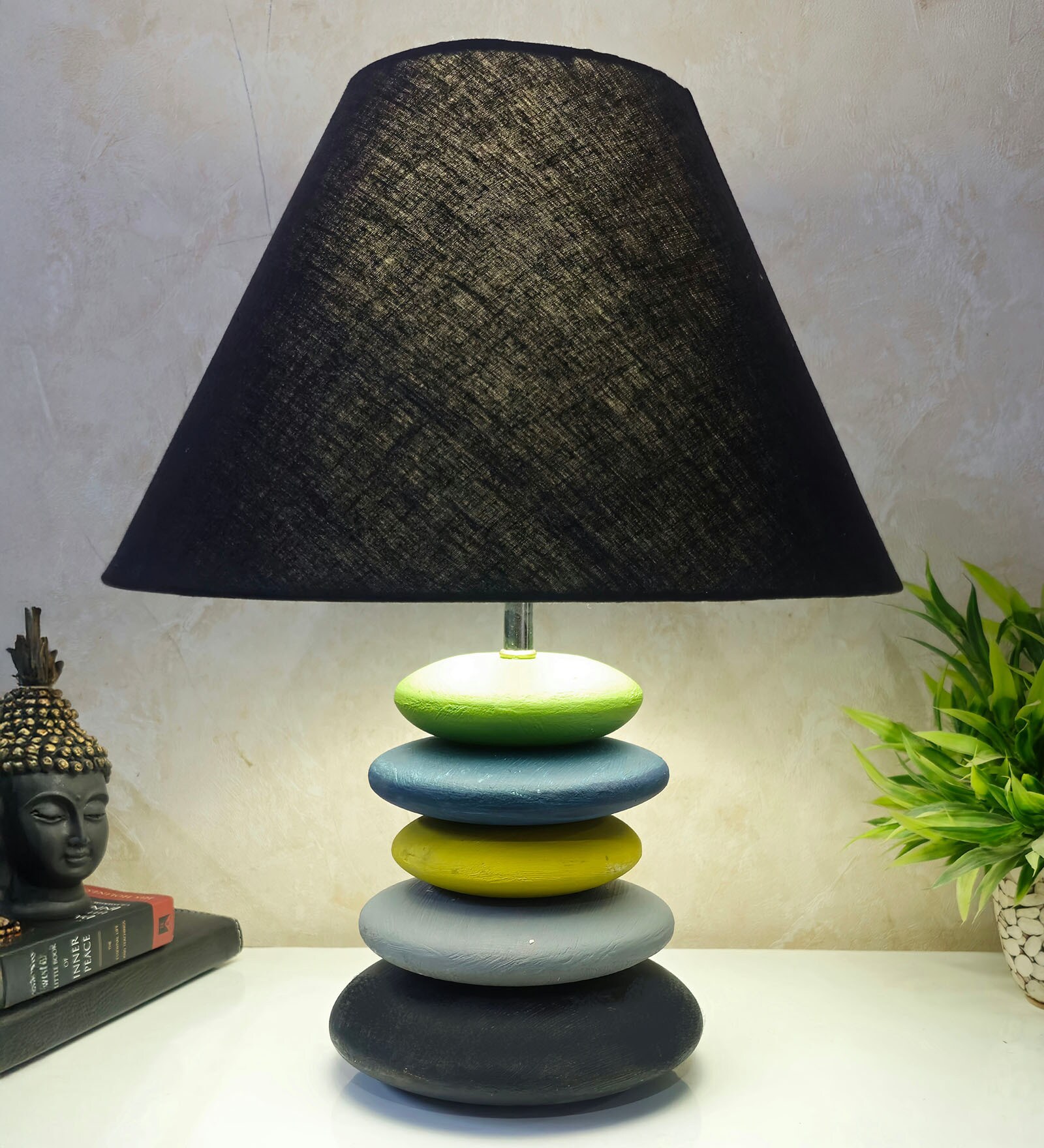 MultiColour Handpainted and hancarved Distress wooden stone finish Table lamp in with handpainted fabric shade
