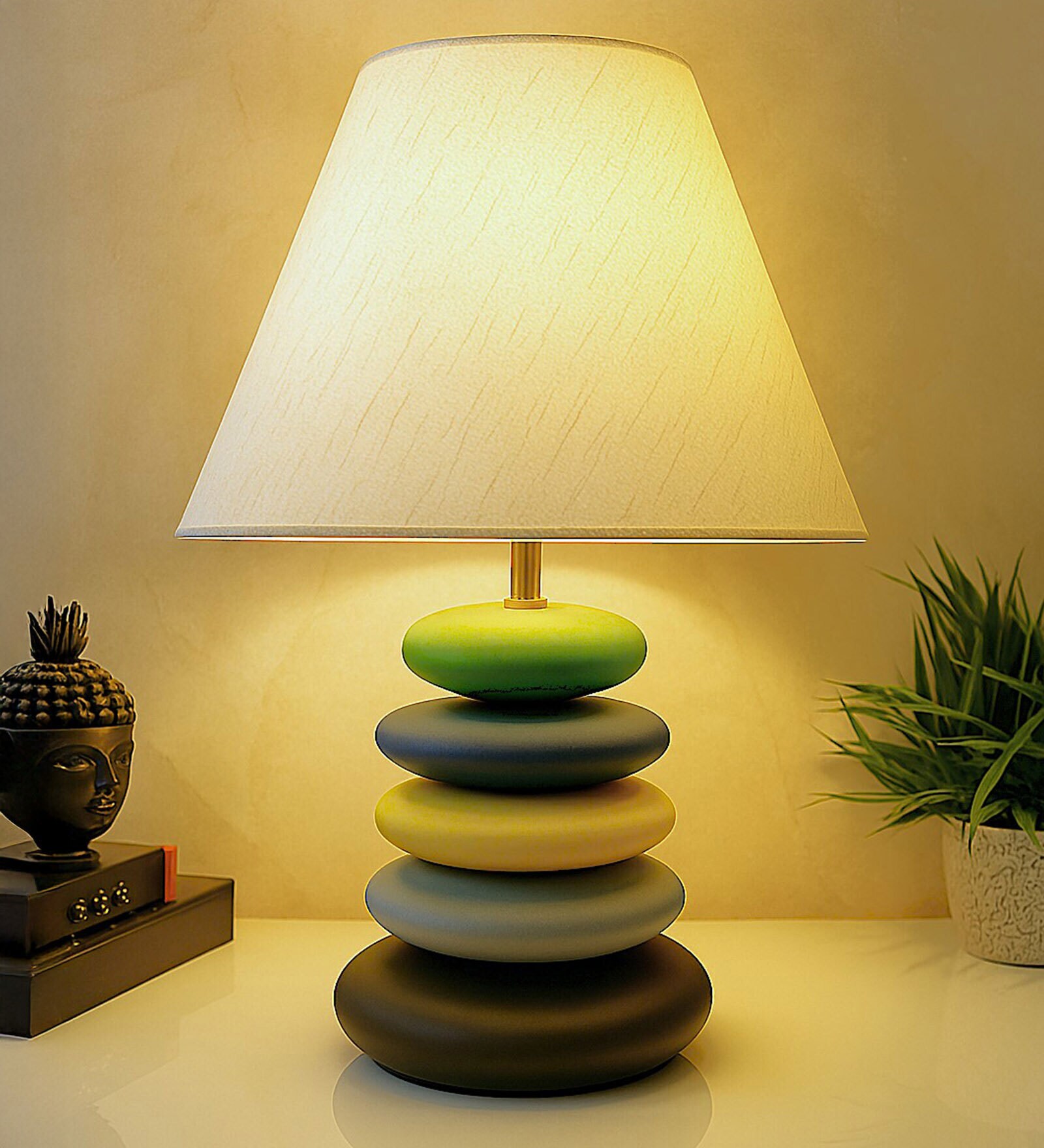 MultiColour Handpainted and hancarved Distress wooden stone finish Table lamp in with handpainted fabric shade