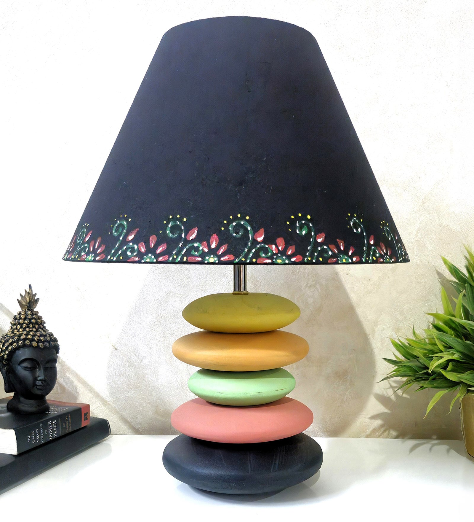 MultiColour Handpainted and hancarved Distress wooden stone finish Table lamp in with handpainted fabric shade