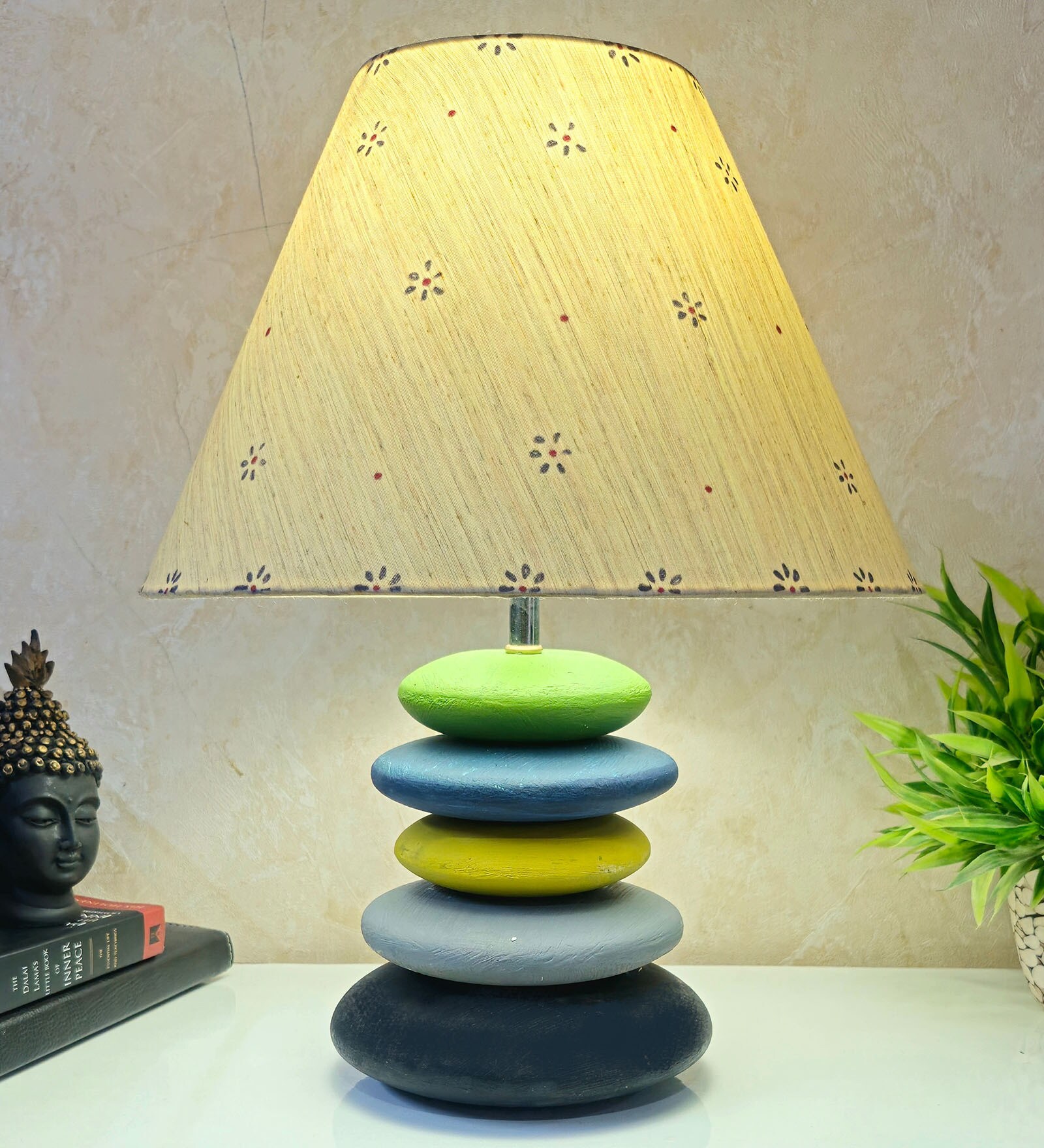 MultiColour Handpainted and hancarved Distress wooden stone finish Table lamp in with handpainted fabric shade