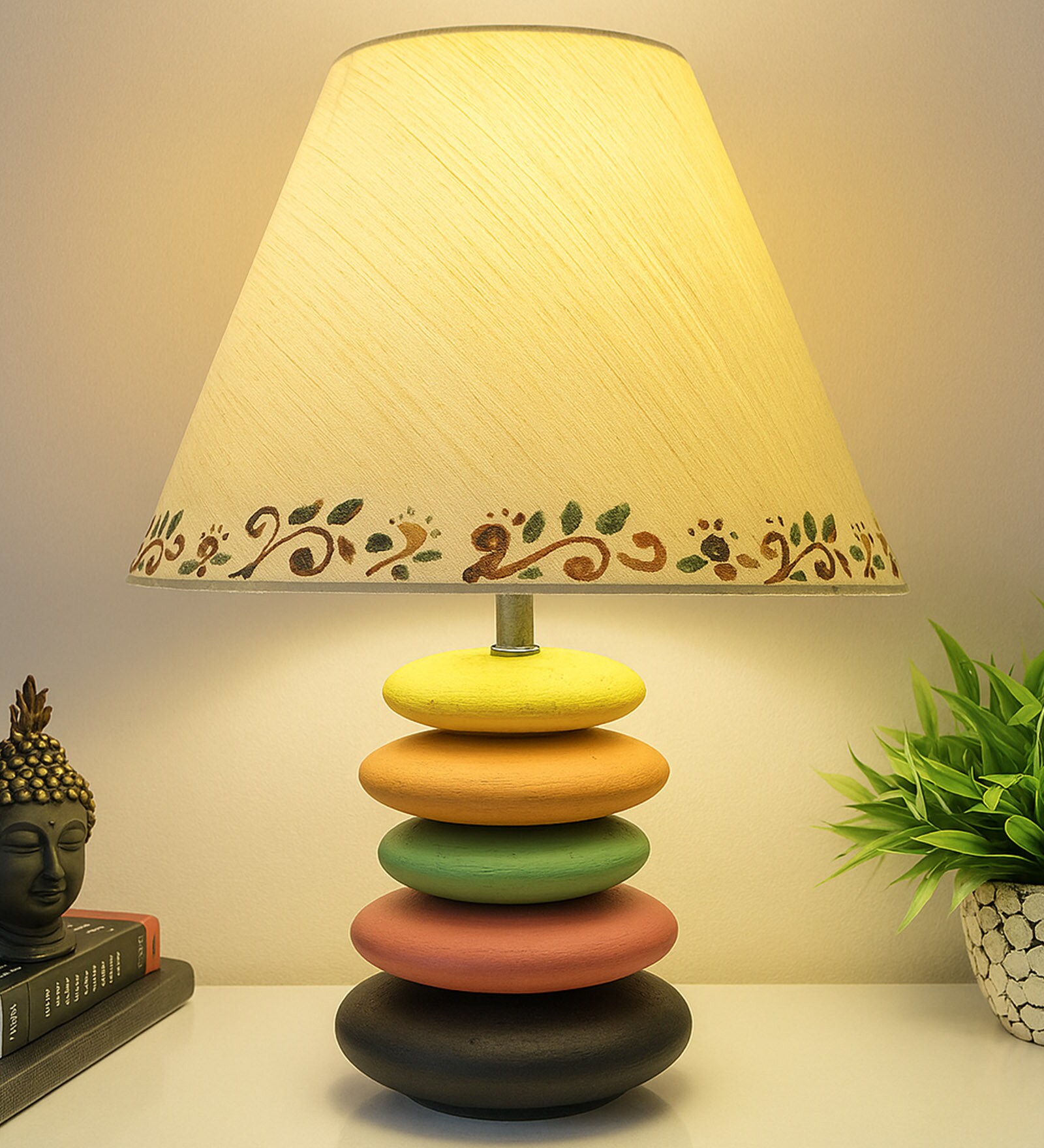 MultiColour Handpainted and hancarved Distress wooden stone finish Table lamp in with handpainted fabric shade