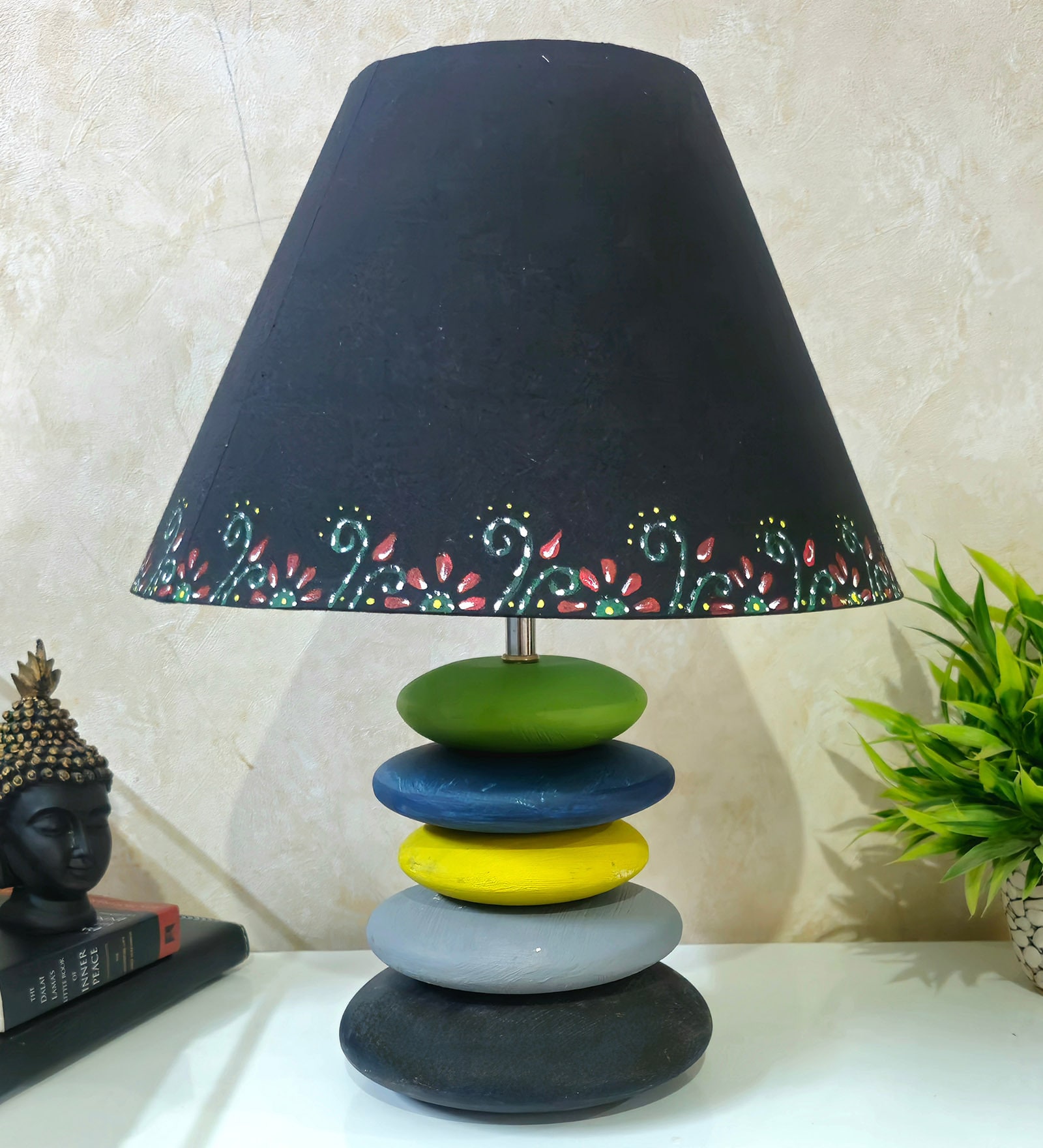 MultiColour Handpainted and hancarved Distress wooden stone finish Table lamp in with handpainted fabric shade