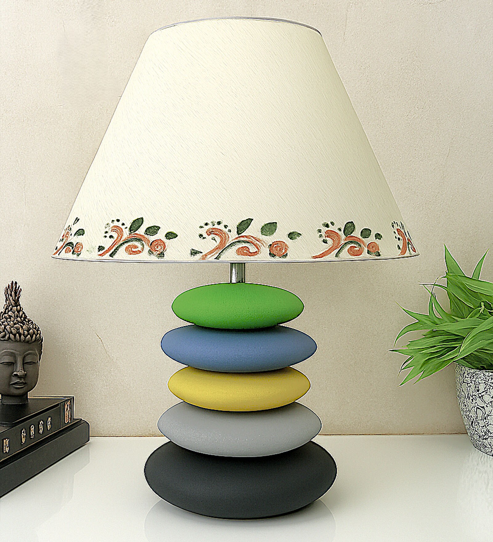 MultiColour Handpainted and hancarved Distress wooden stone finish Table lamp in with handpainted fabric shade
