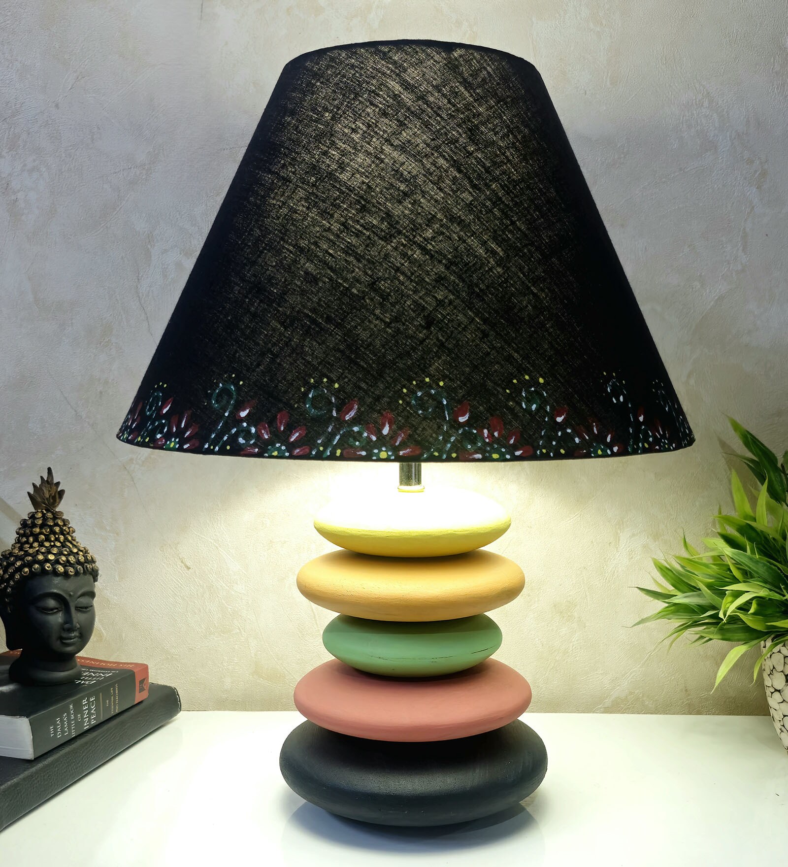 MultiColour Handpainted and hancarved Distress wooden stone finish Table lamp in with handpainted fabric shade