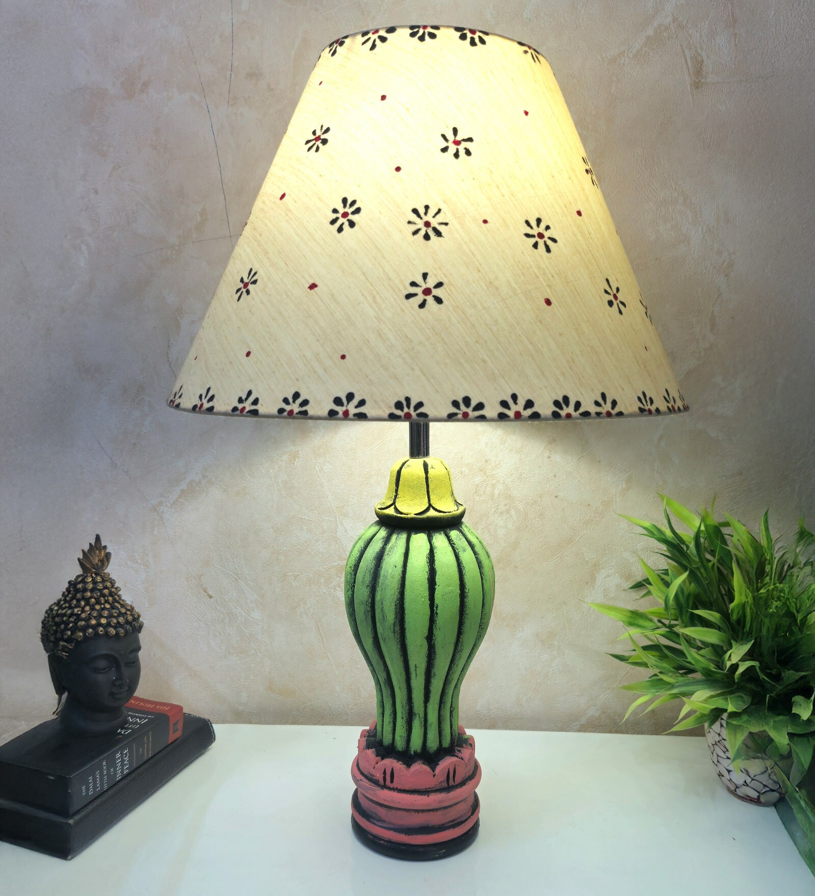 MultiColour Handpainted and hancarved Distress wooden Table lamp in Vaase handcarved design with handpainted fabric shade