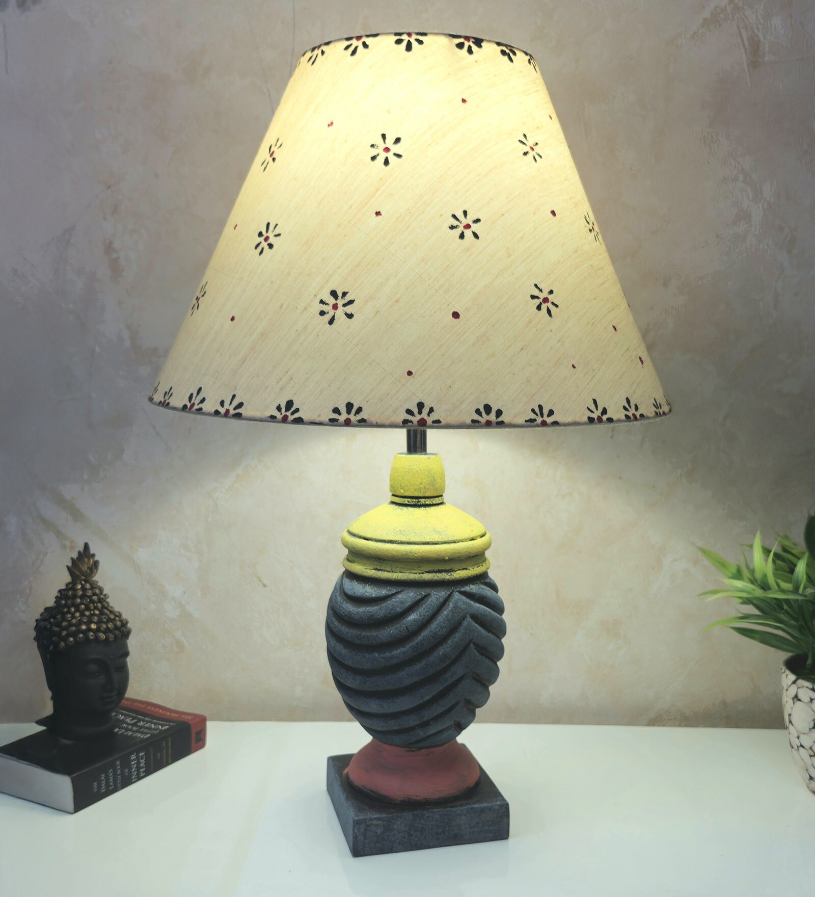MultiColour Handpainted and hancarved Distress wooden Table lamp in Vaase handcarved design with handpainted fabric shade