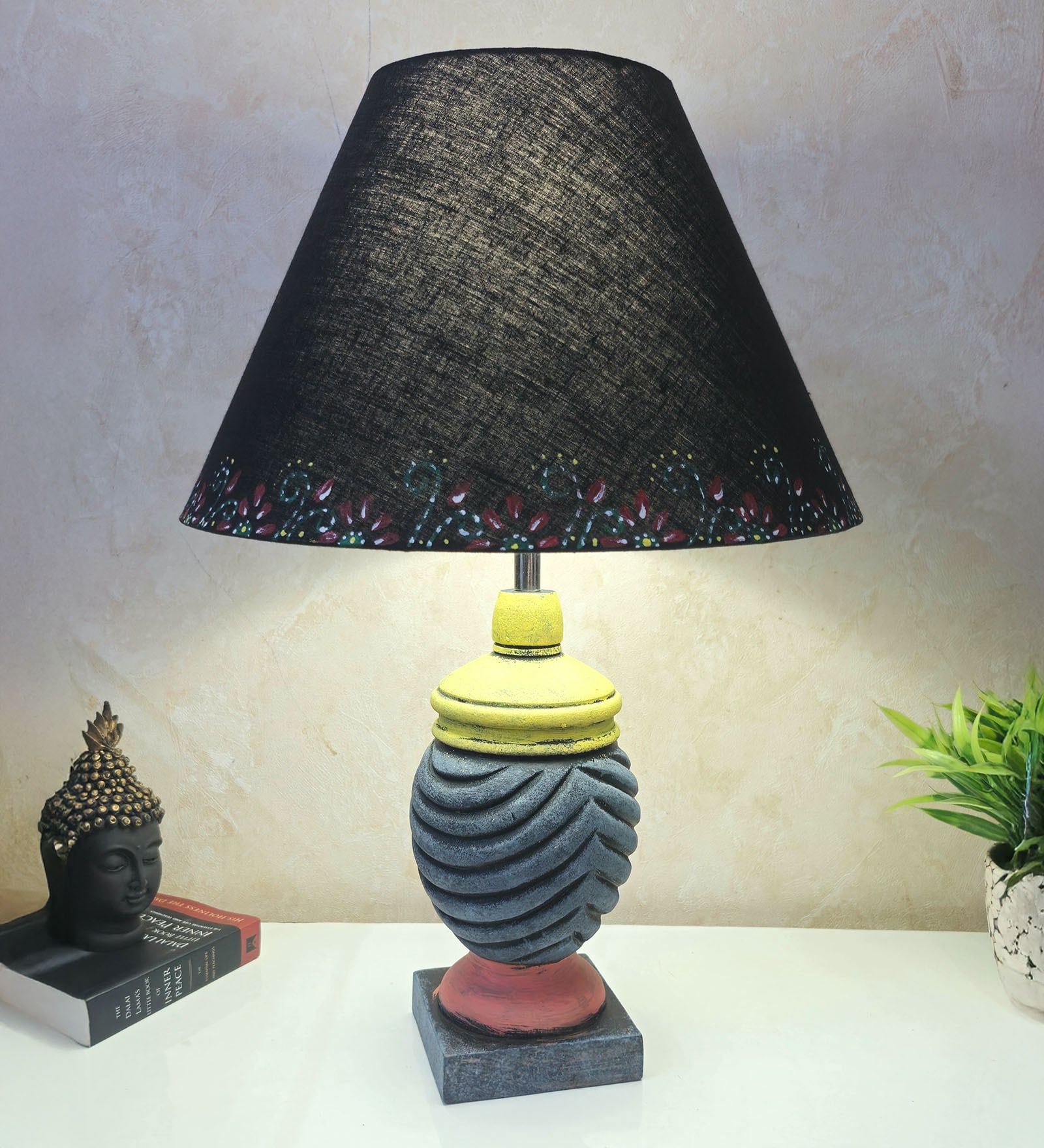MultiColour Handpainted and hancarved Distress wooden Table lamp in Vaase handcarved design with handpainted fabric shade