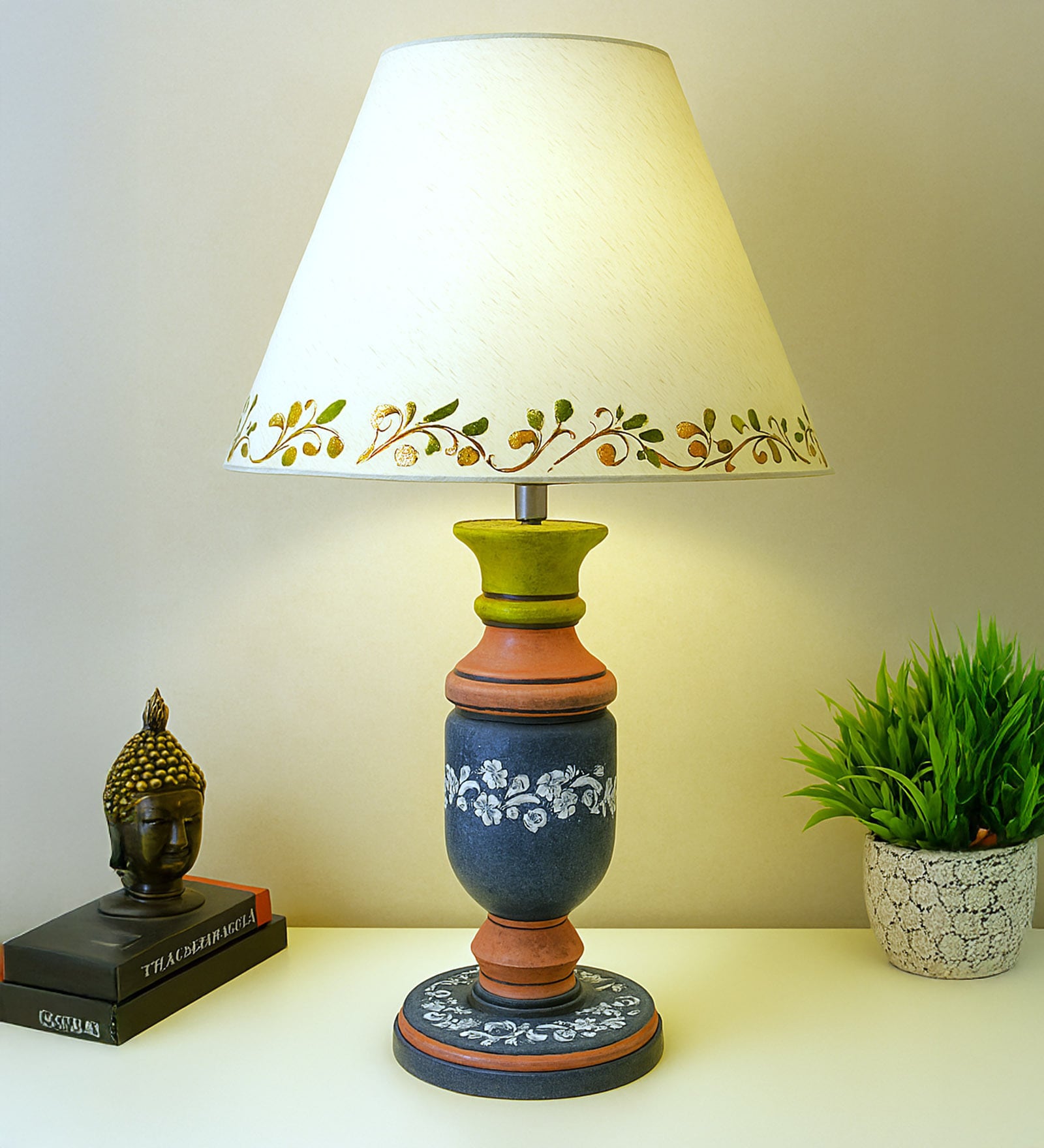 MultiColour Handpainted and hancarved Distress wooden Table lamp in Vaase handcarved design with handpainted fabric shade