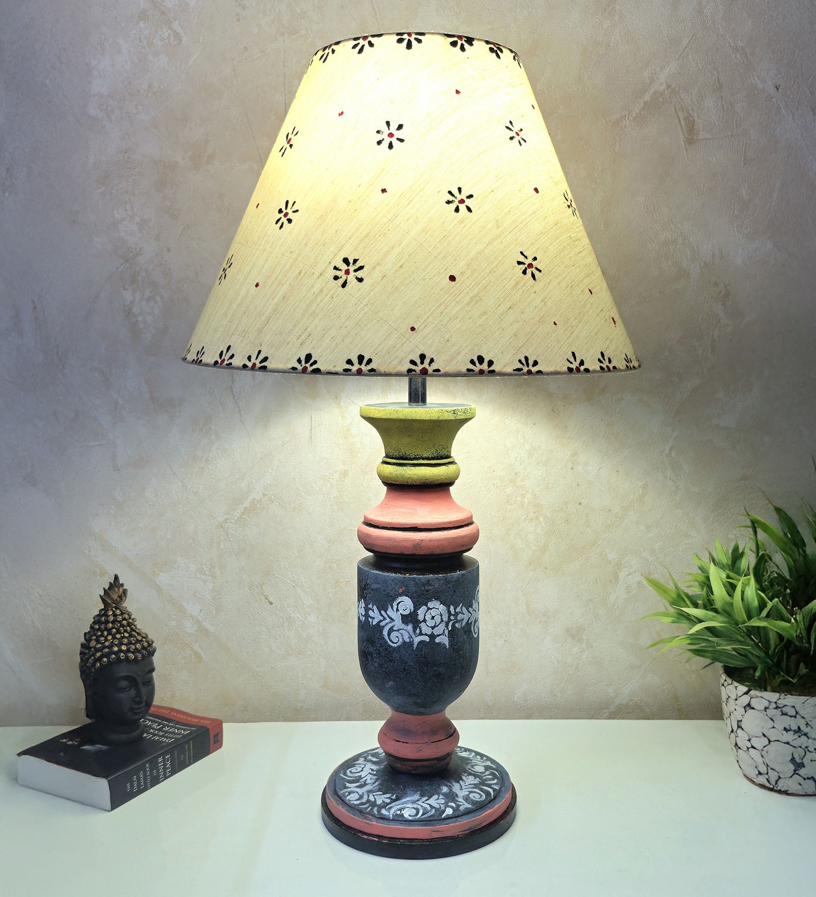 MultiColour Handpainted and hancarved Distress wooden Table lamp in Vaase handcarved design with handpainted fabric shade