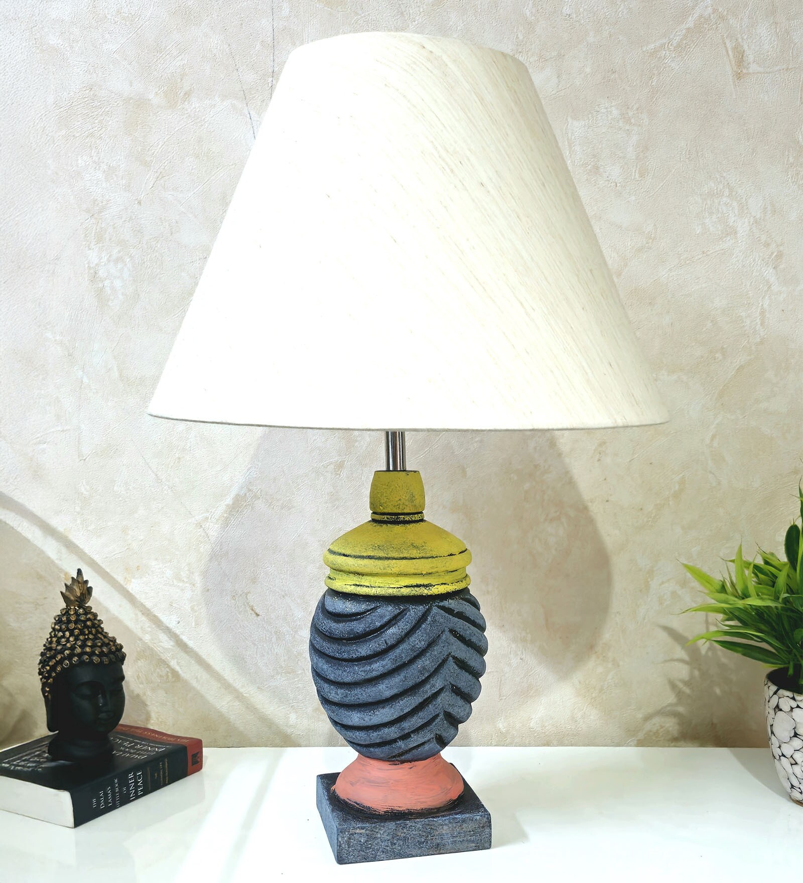 MultiColour Handpainted and hancarved Distress wooden Table lamp in Vaase handcarved design with handpainted fabric shade