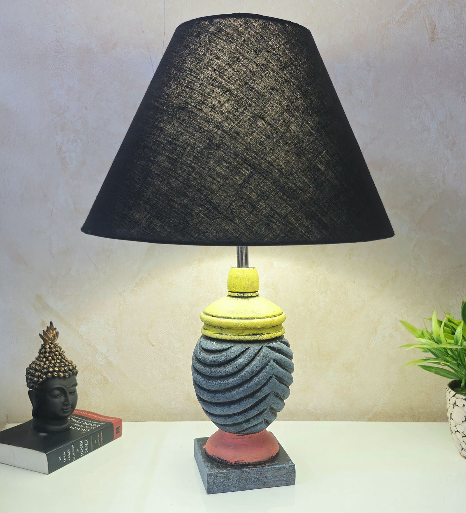 MultiColour Handpainted and hancarved Distress wooden Table lamp in Vaase handcarved design with handpainted fabric shade