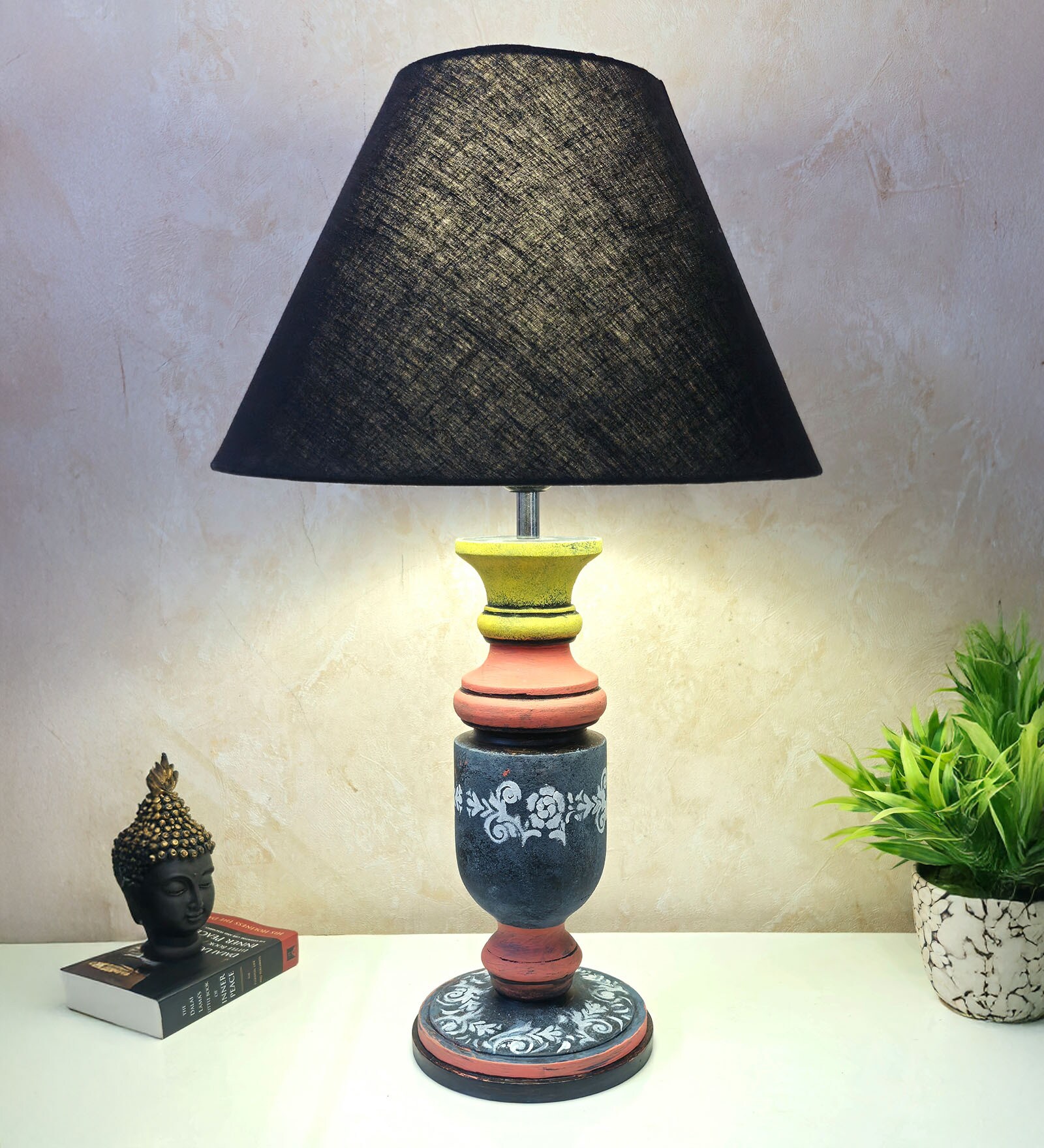 MultiColour Handpainted and hancarved Distress wooden Table lamp in Vaase handcarved design with handpainted fabric shade