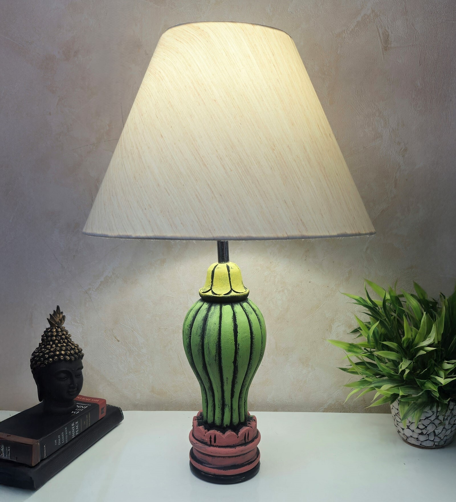 MultiColour Handpainted and hancarved Distress wooden Table lamp in Vaase handcarved design with handpainted fabric shade
