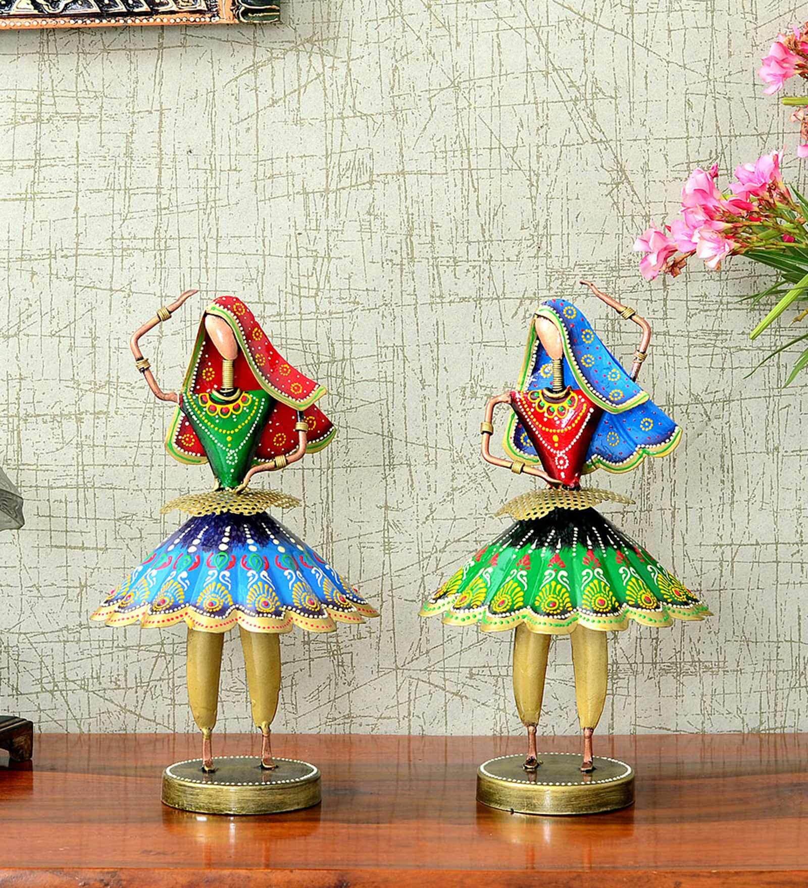 Green And Blue Iron Decorative Musician Figurine Set of 2
