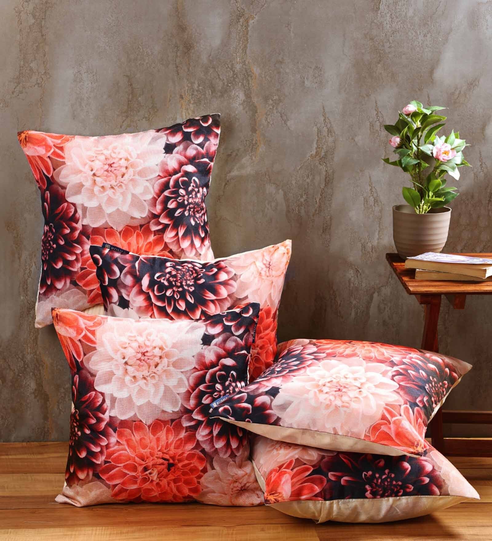 Multicolour Jute Floral 16x16 inches Cushion Cover (5Pc)