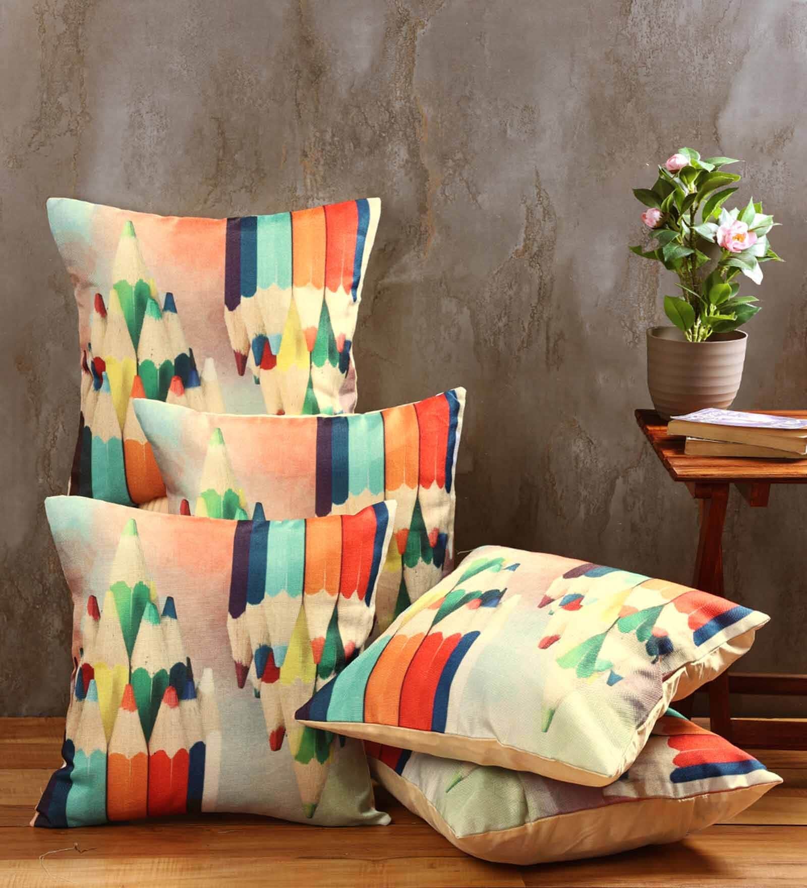 Multicolour Jute Abstract 16x16 inches Cushion Cover (5Pc)