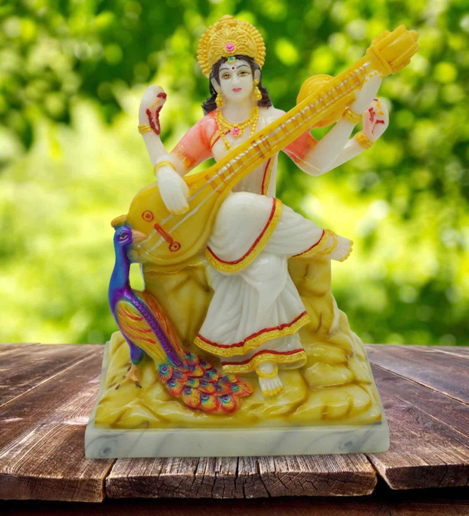 Multicolour Marble Handpainted Goddess Mata Saraswati Idol