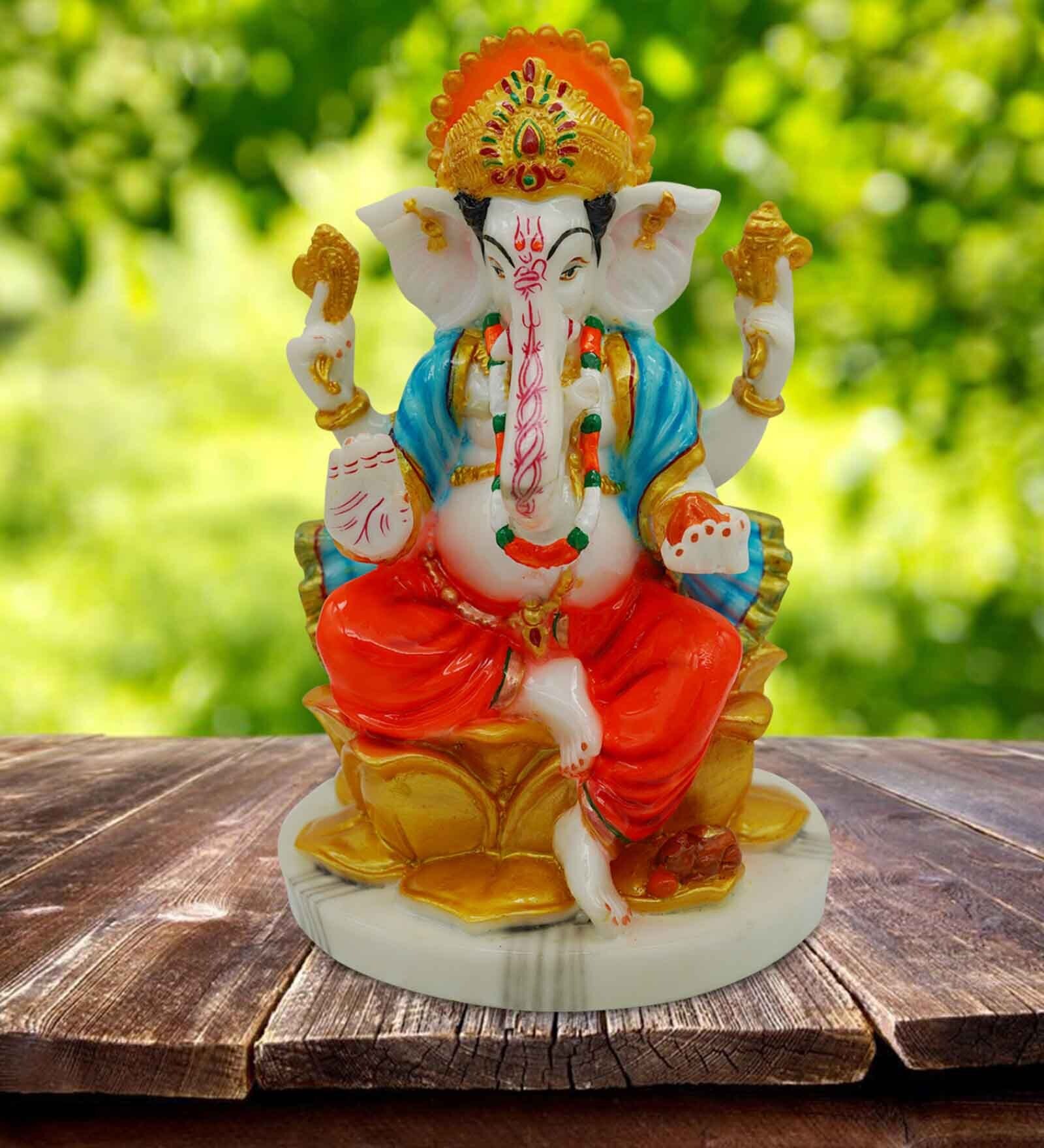 Multicolour Marble Handpainted Lord Ganpati With Mooshak Idol