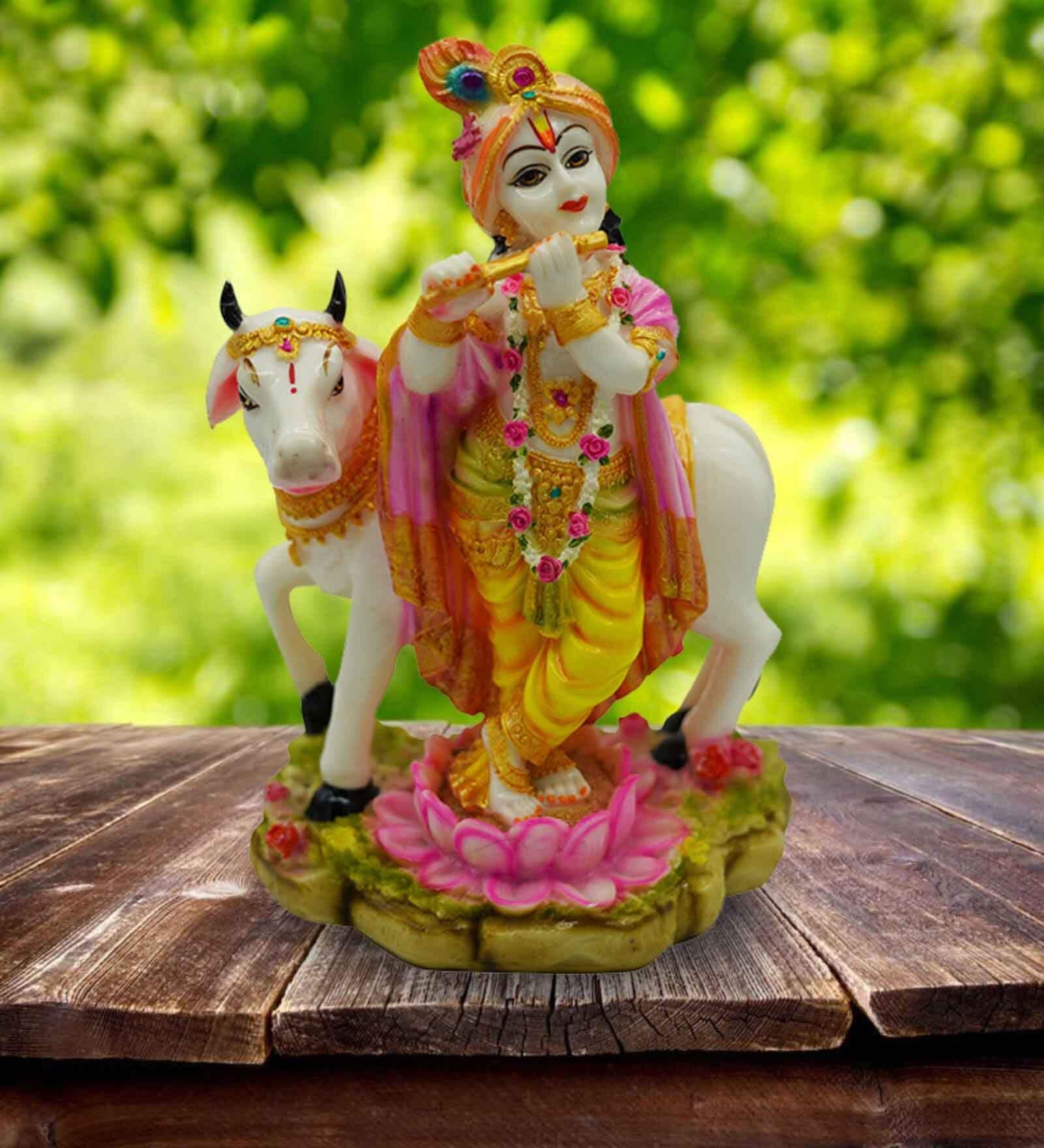Multicolour Marble Handpainted Lord Krishna Idol with Nandi