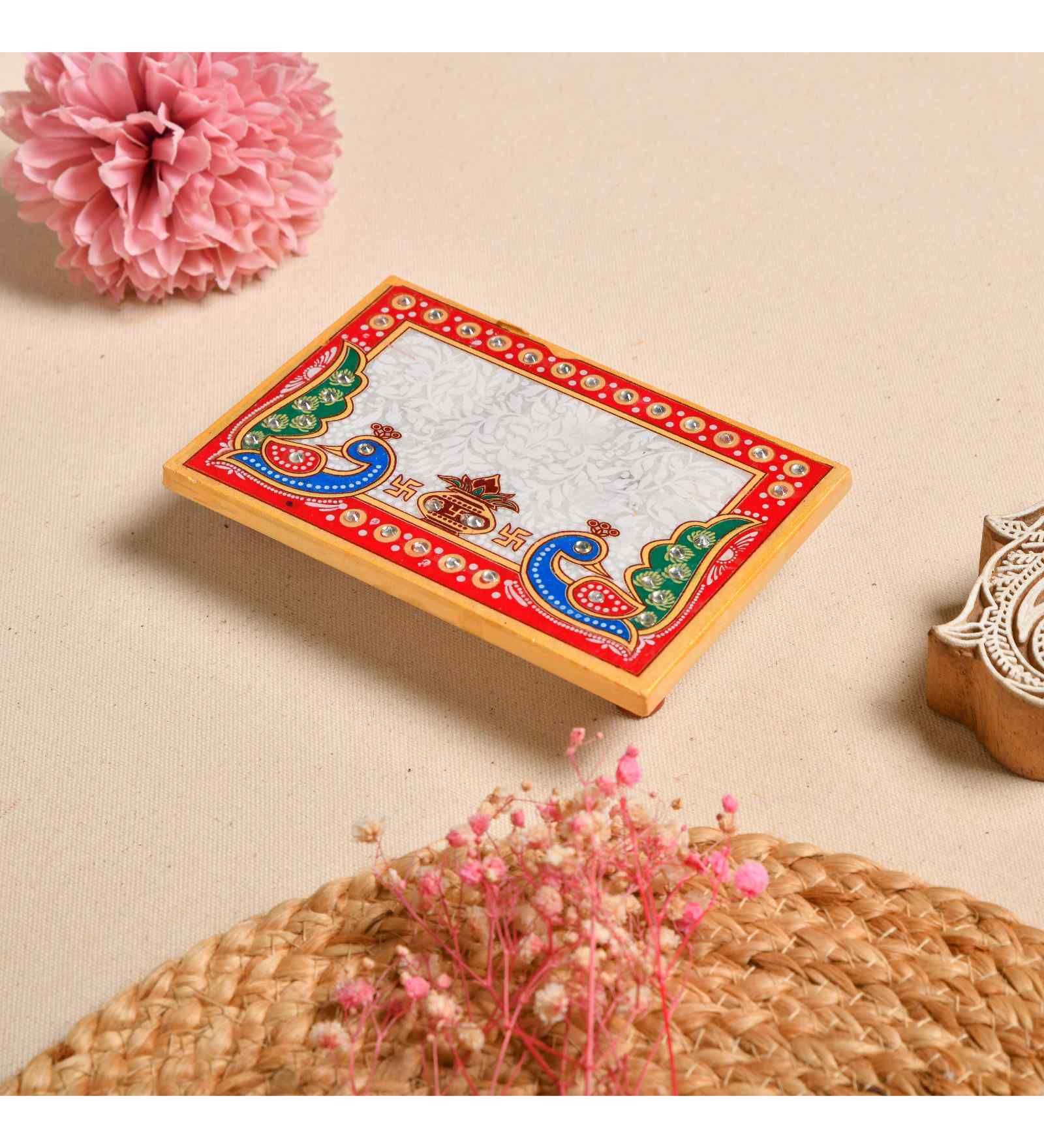 Multicolour Marble Puja Chowki for God Idols
