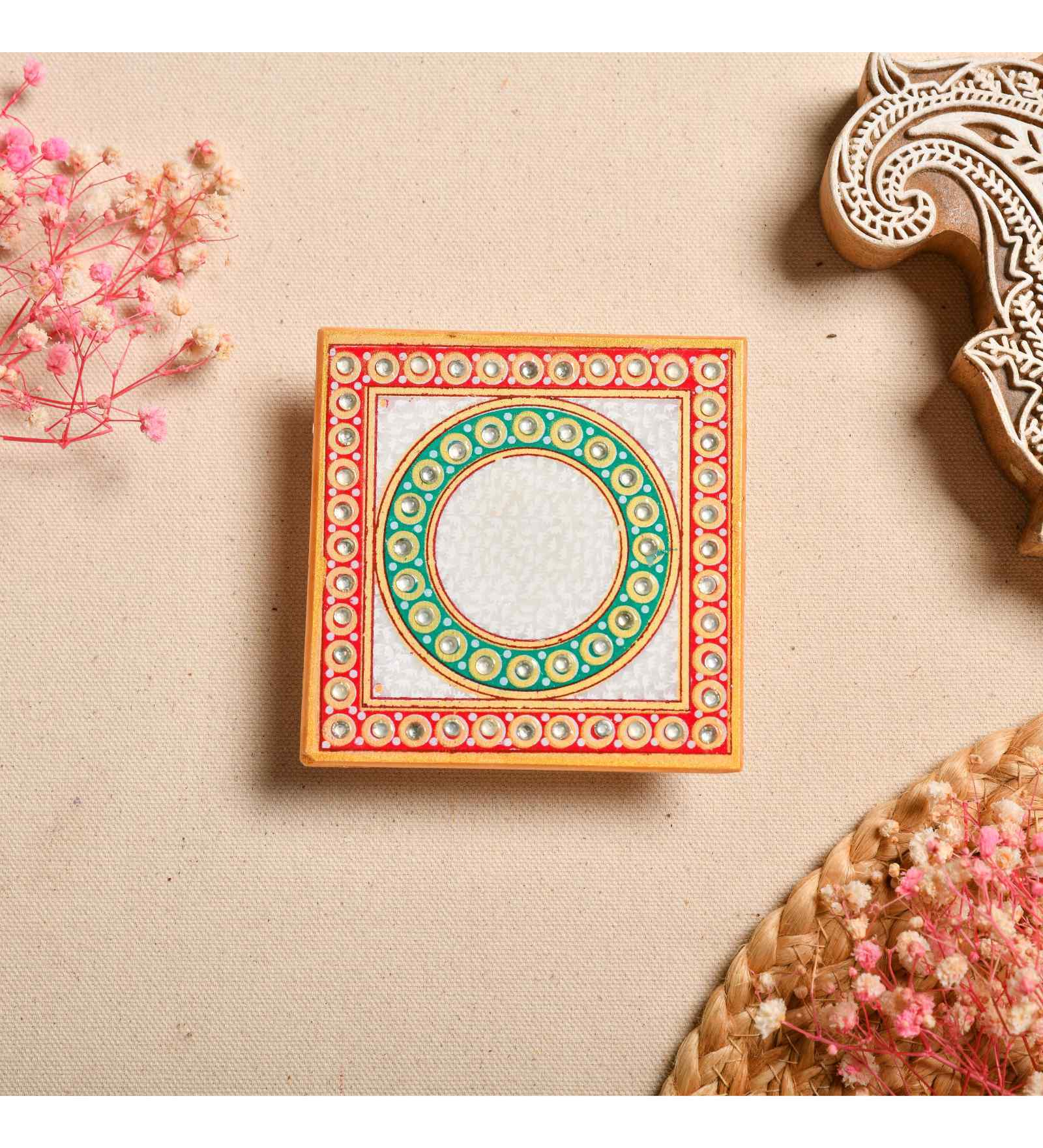 Multicolour Marble Puja Chowki for God Idols