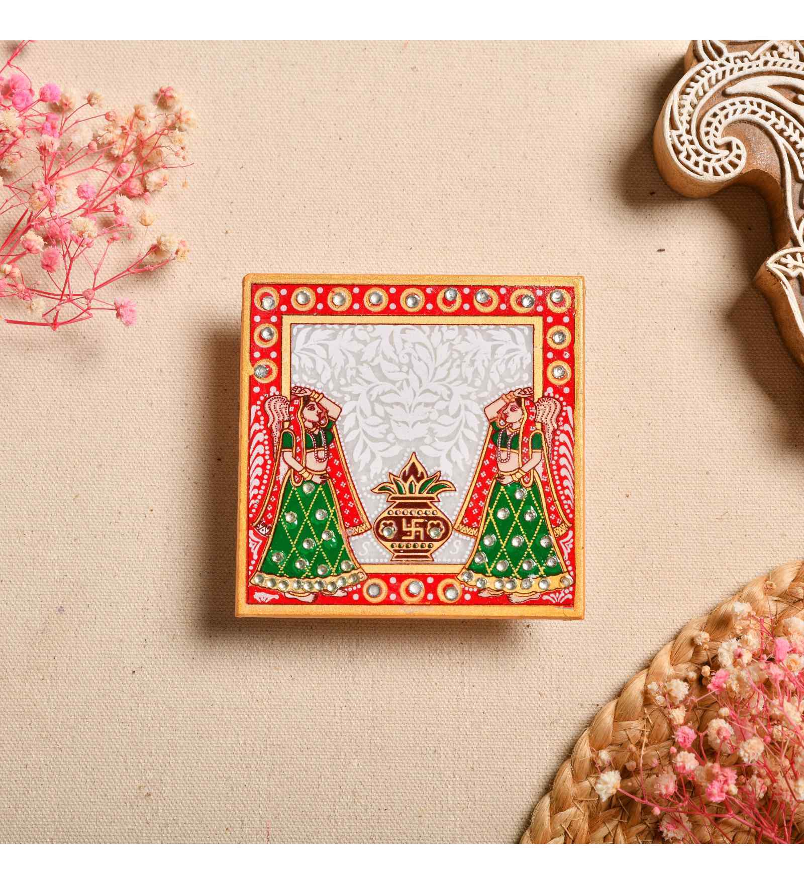 Multicolour Marble Puja Chowki for God Idols