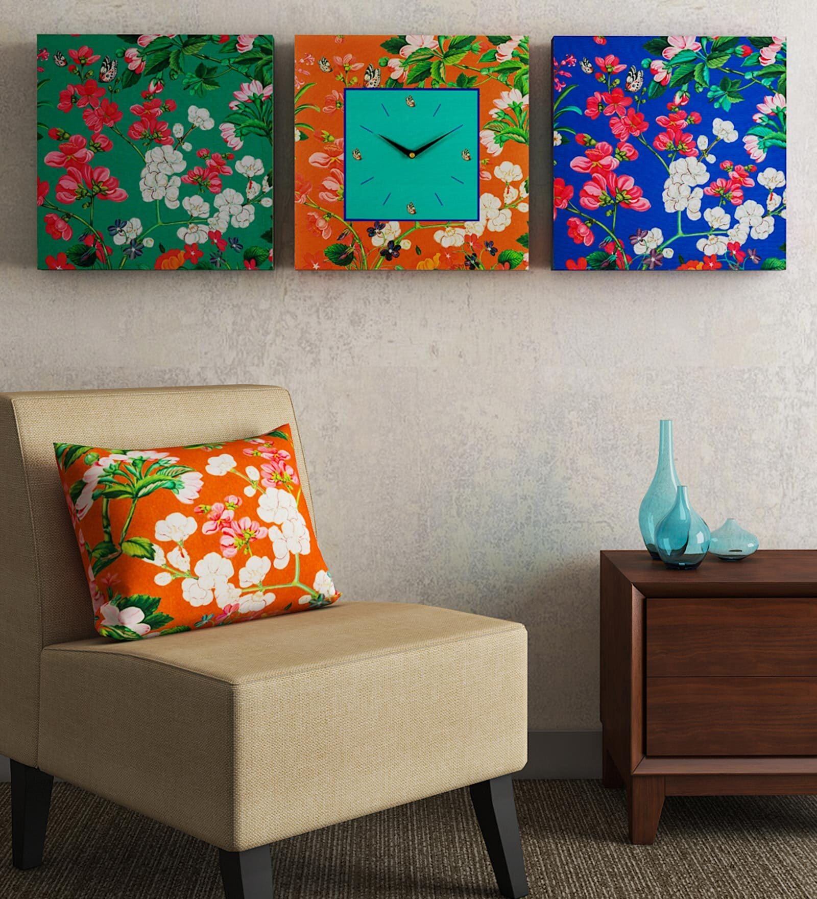Multicolour MDF Framed Analog Wall Clock with 2 Wooden Panel