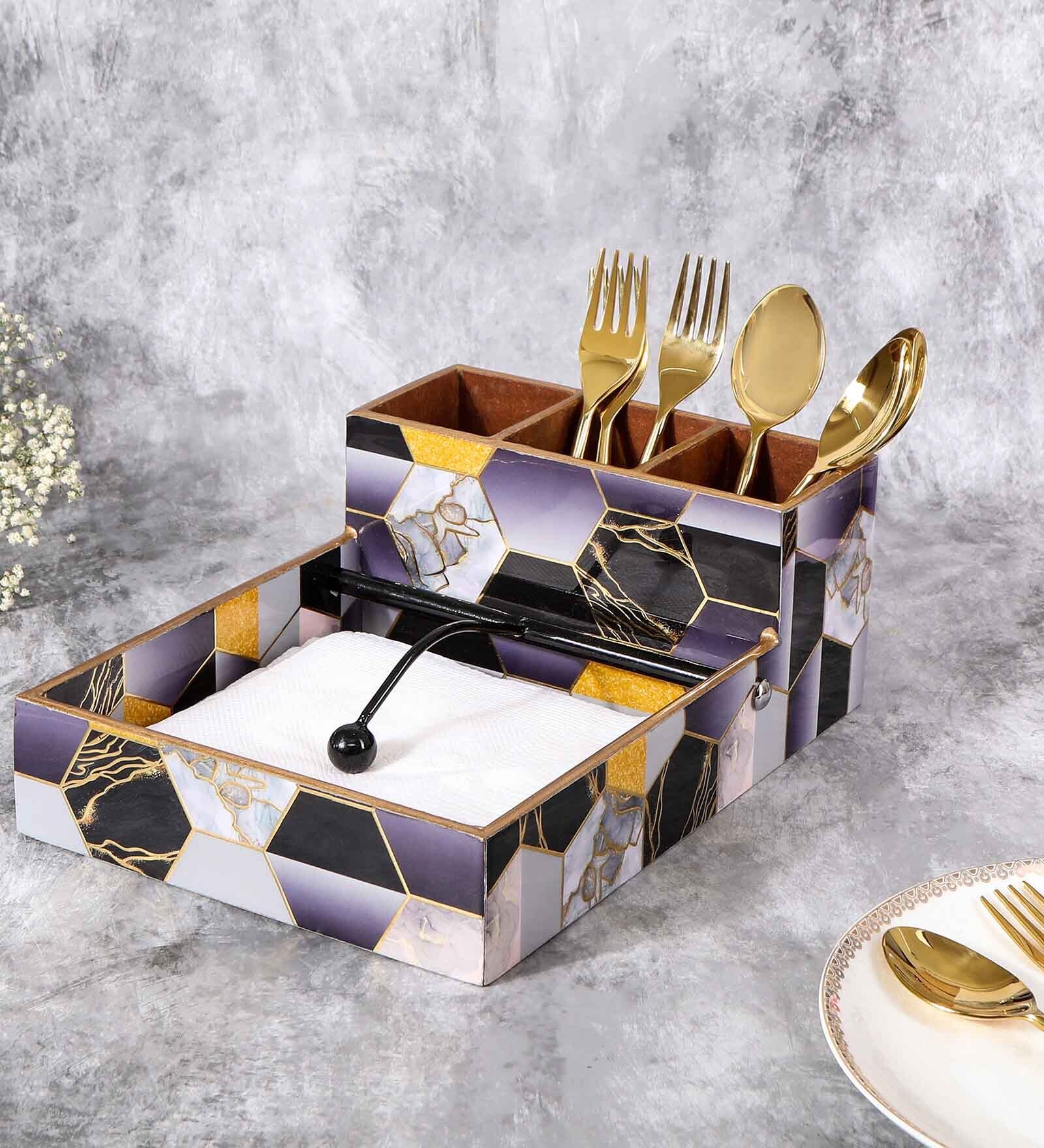 Multicolour MDF Wood Black Hexagon Cutlery Tissue Holder