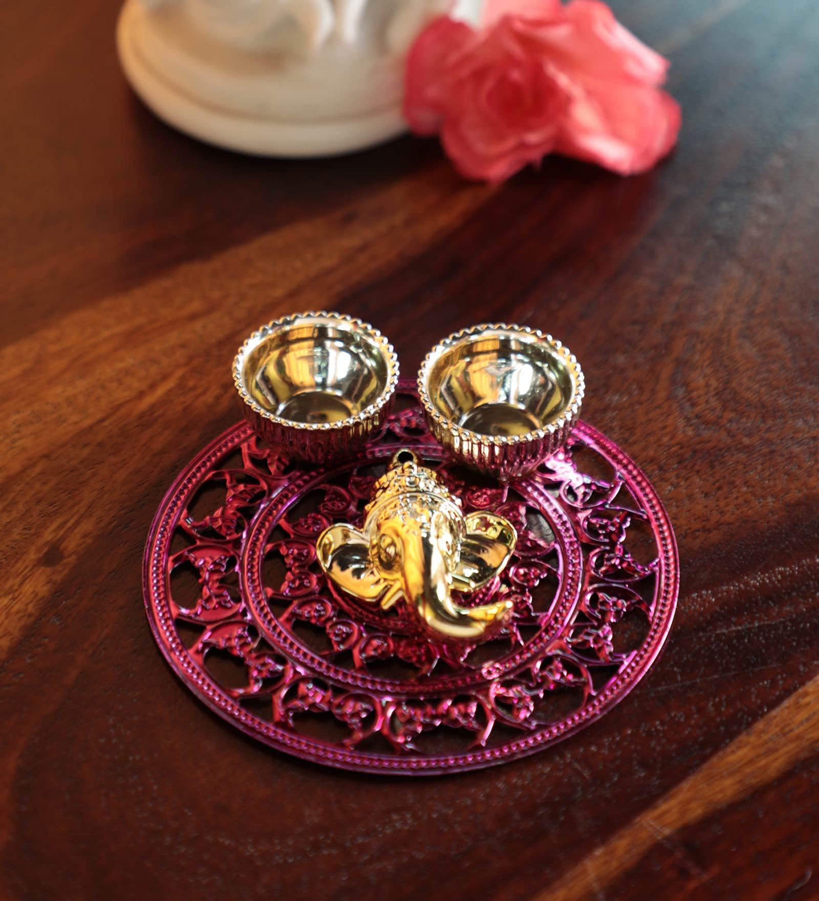 Multicolour Metal Haldi Kumkum Box With Lord Ganesha