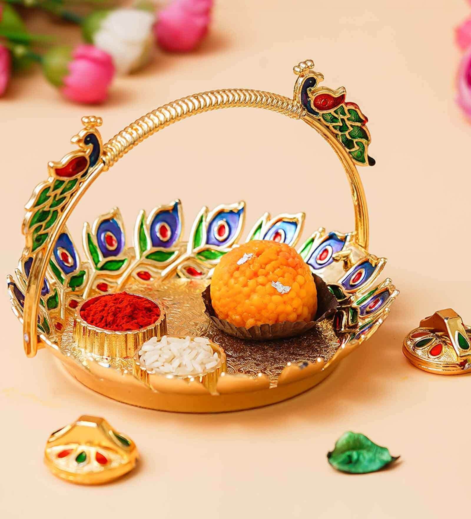 Maroon Metal Pooja Thali for Diwali, Navratri, Karwa Chauth