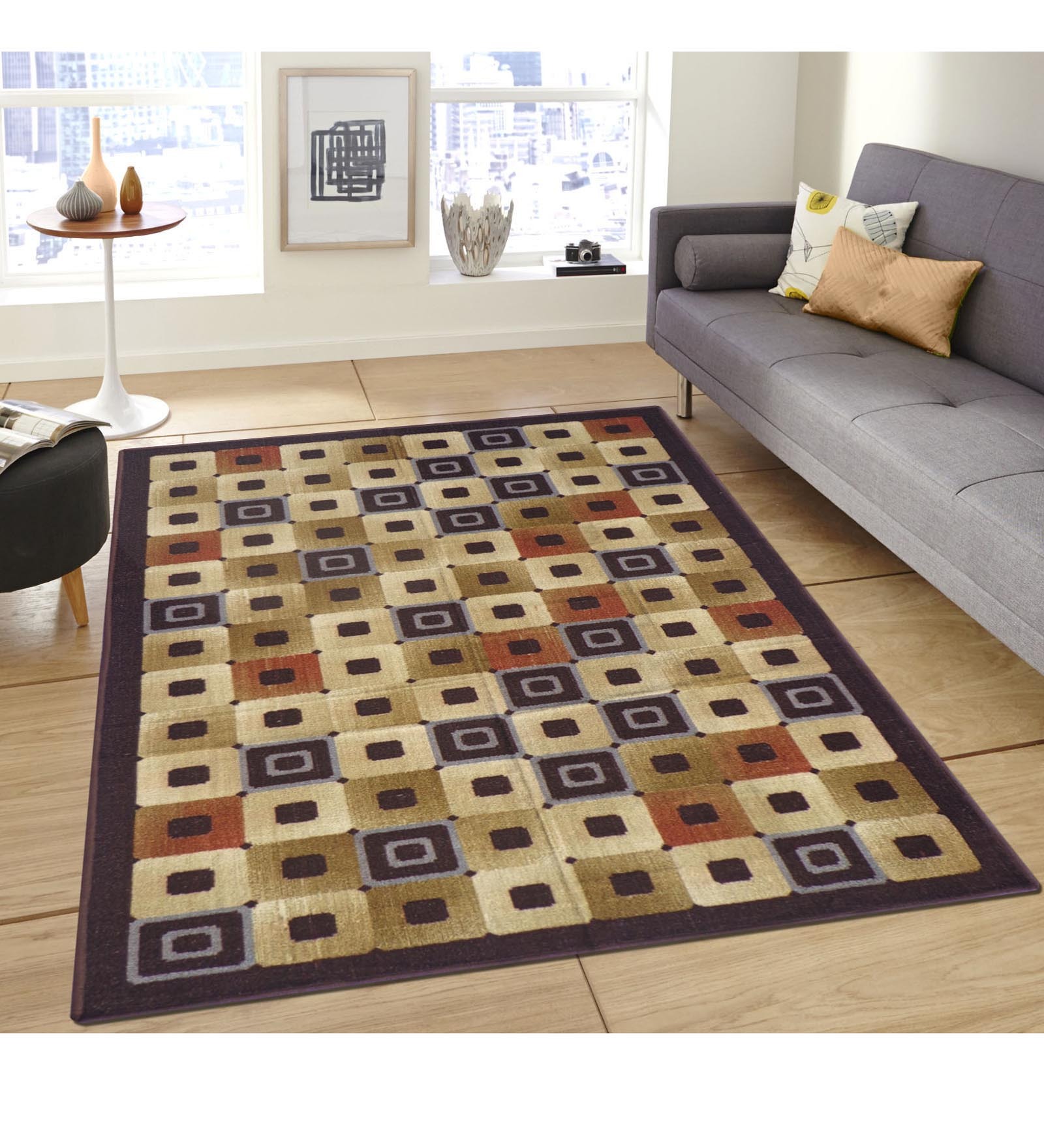 Brown Geometric Polyester 5 ft x 7 ft Machine Made Carpet