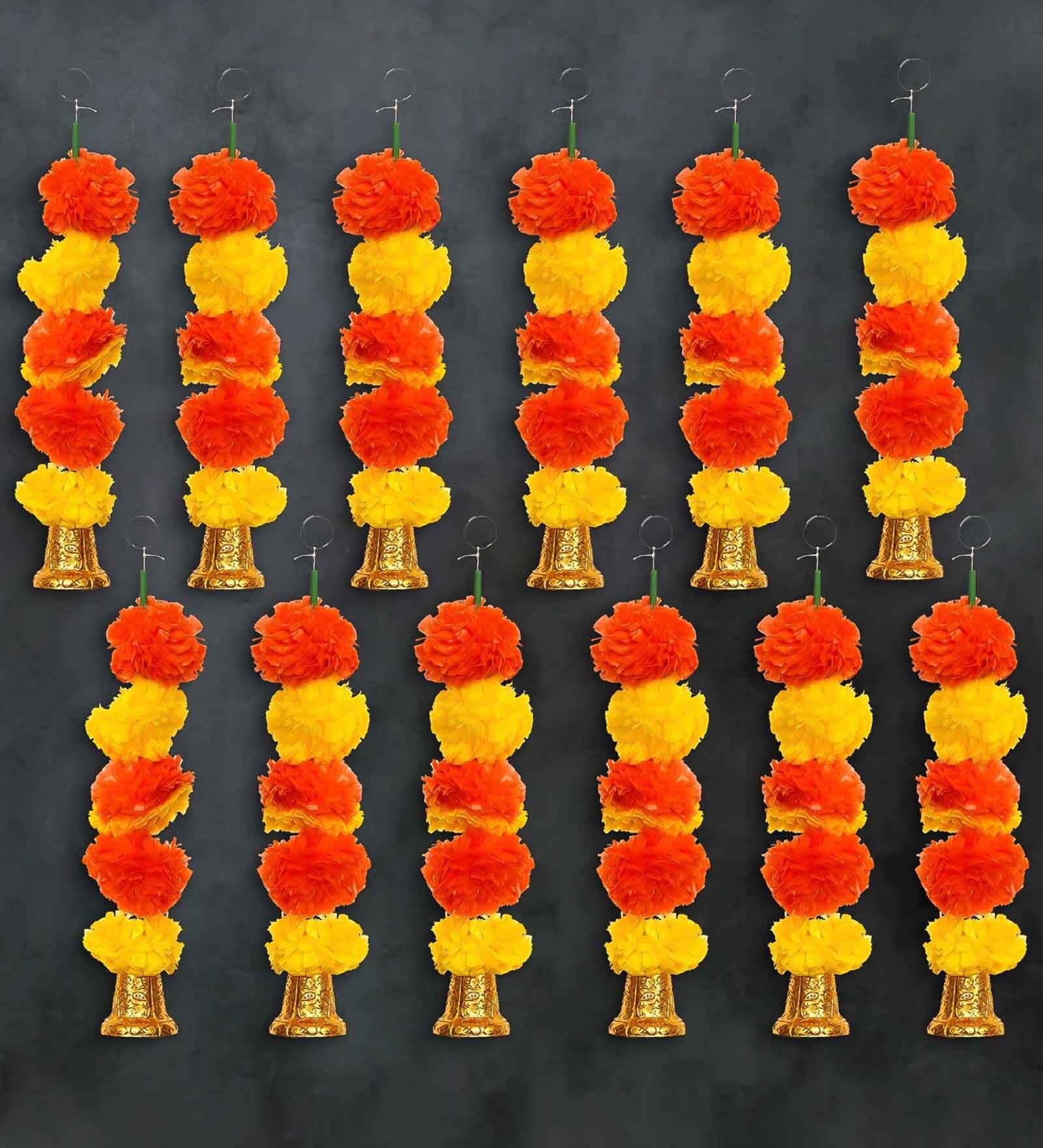 Orange & Yellow Plastic Artificial Marigold Flower Garland with Bells Wall Hanging (Set of 10)